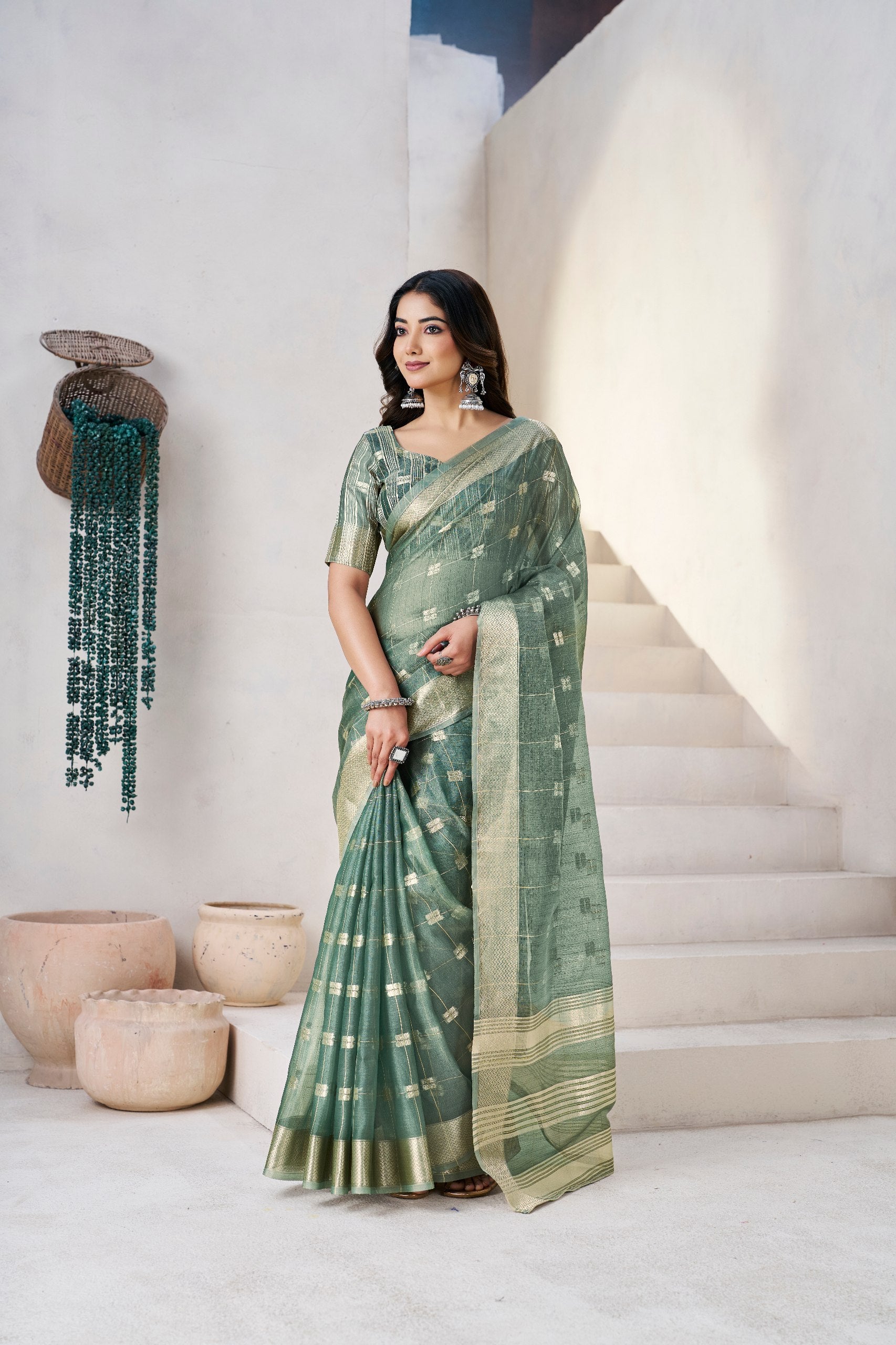 Green Soft Linen Cotton Silk Saree