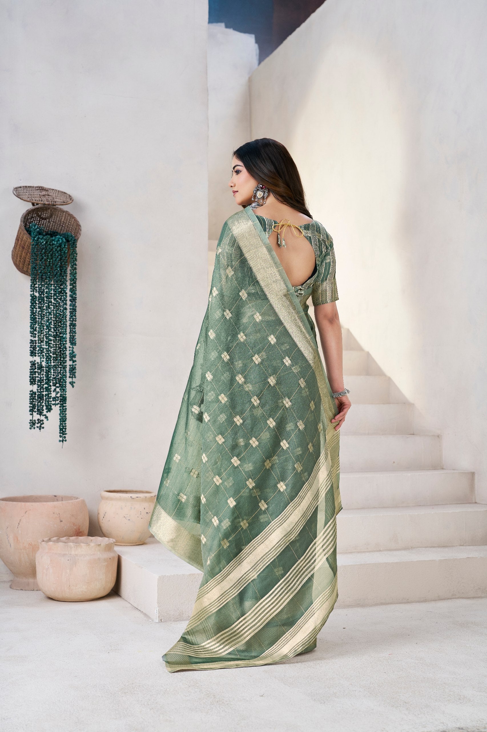 Green Soft Linen Cotton Silk Saree