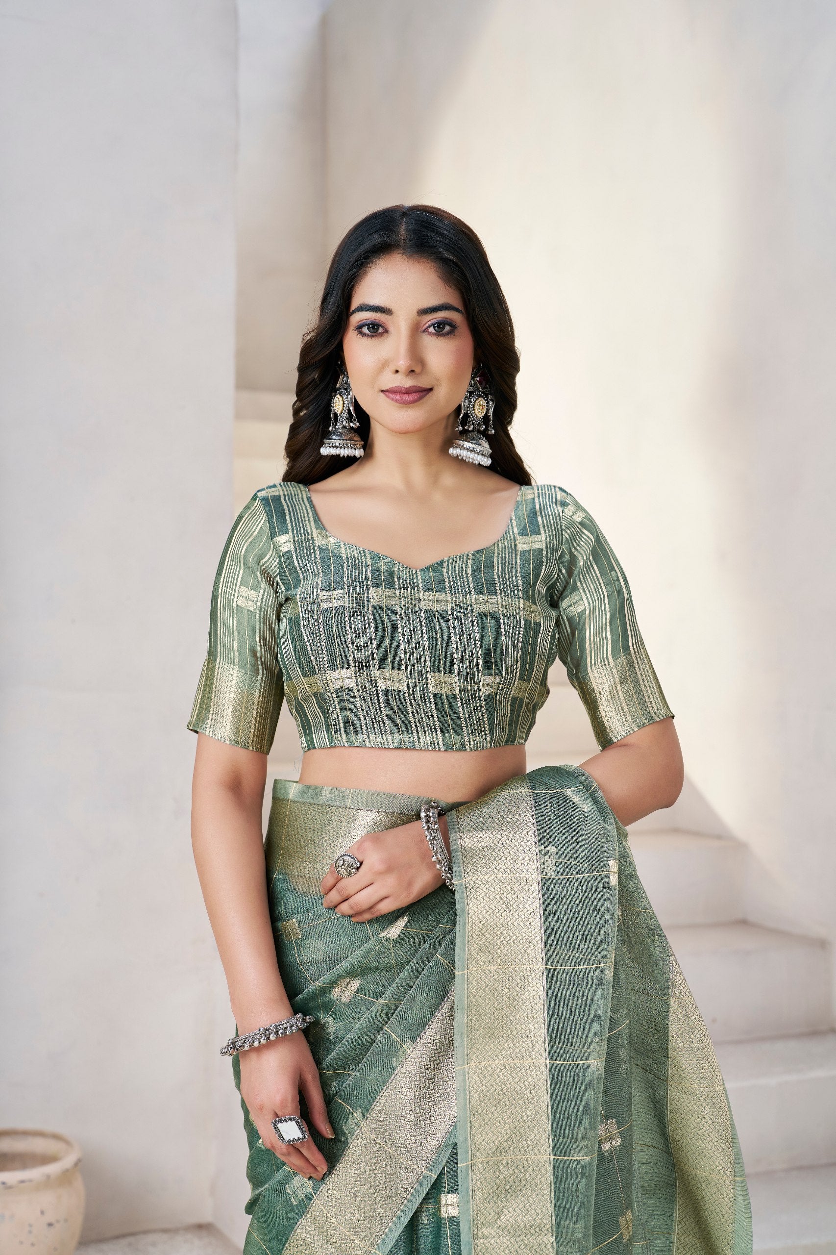 Green Soft Linen Cotton Silk Saree