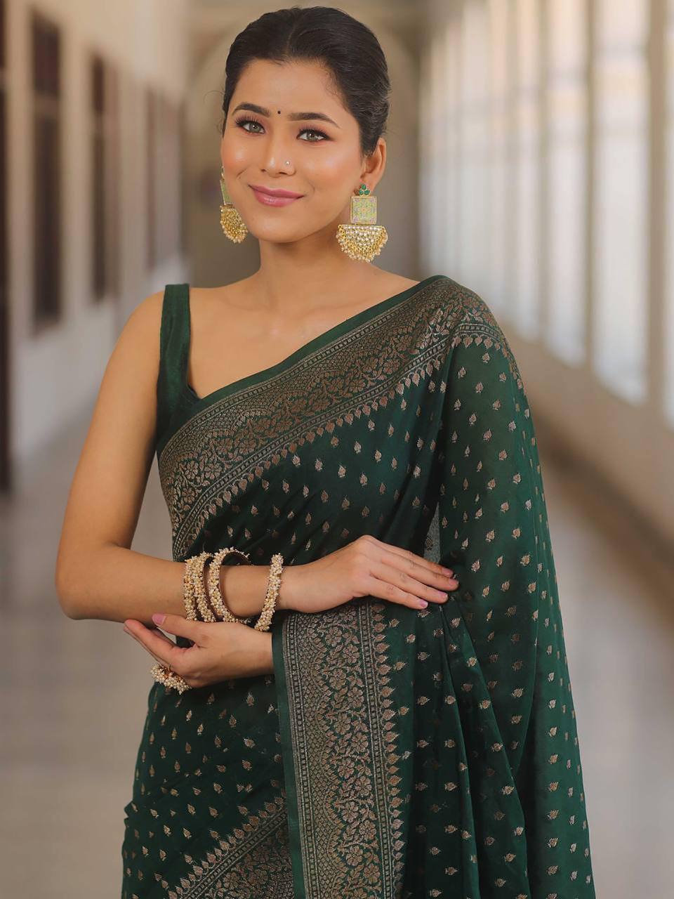 Green Traditional Lichi Silk Saree
