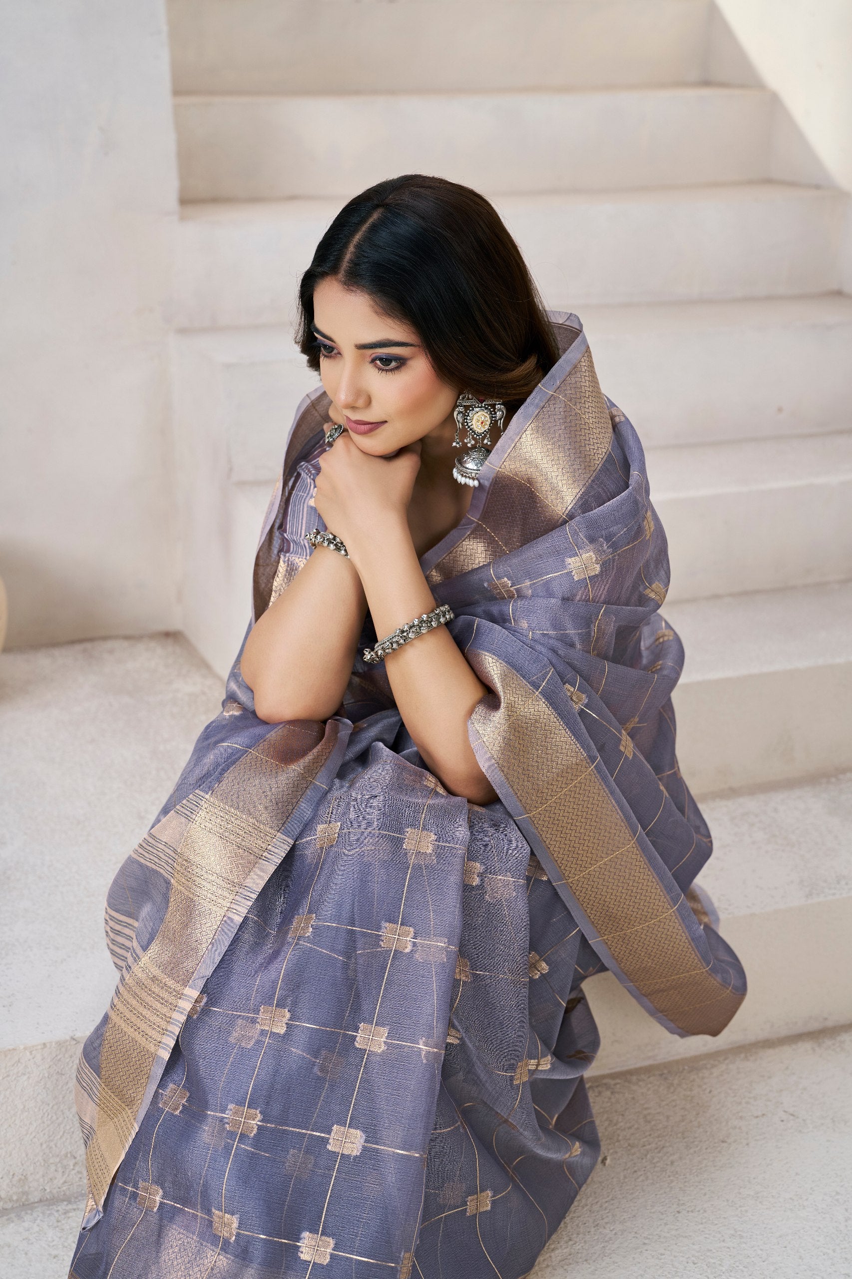 Grey Soft Linen Cotton Silk Saree