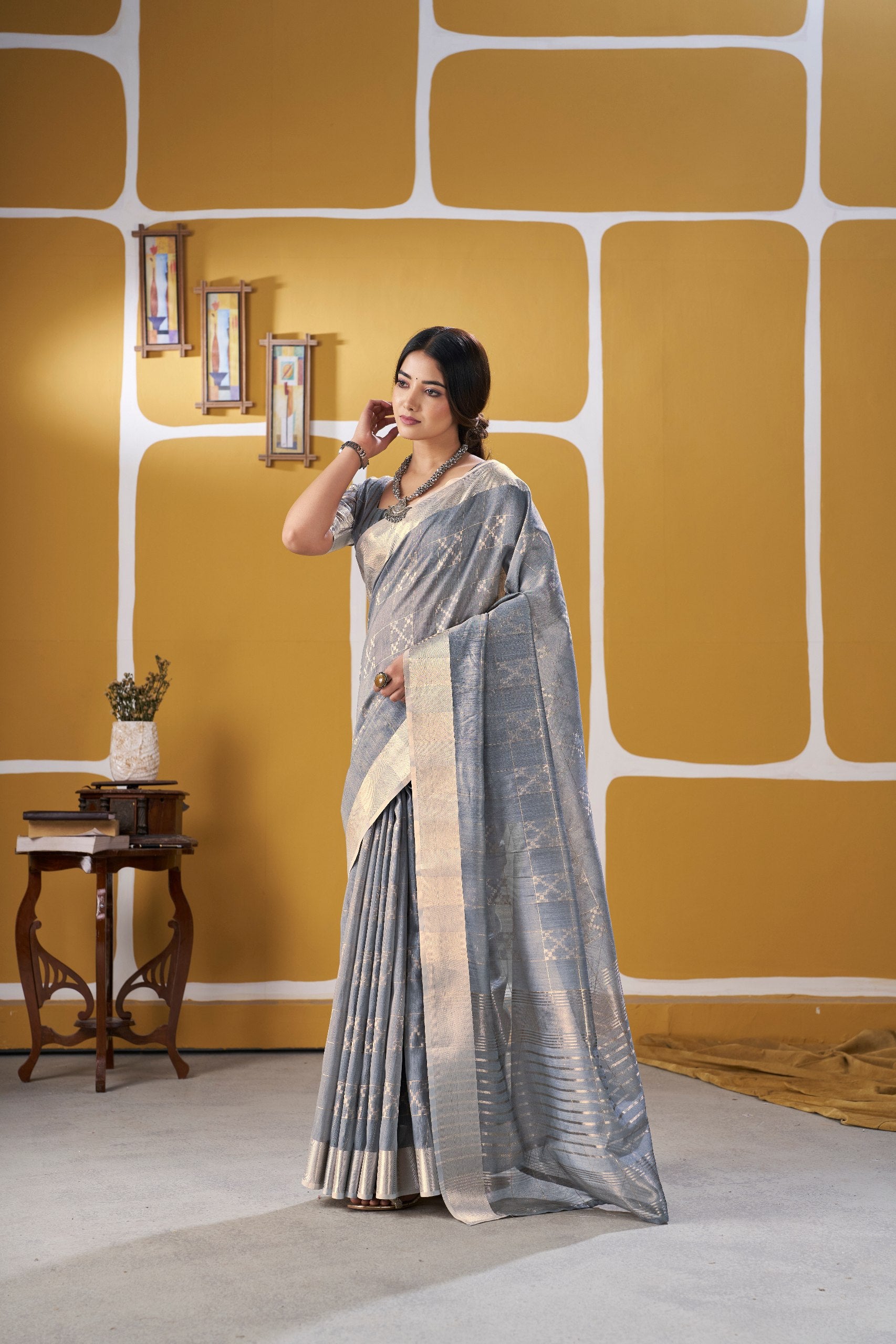 Gray Soft Linen Cotton Silk Saree