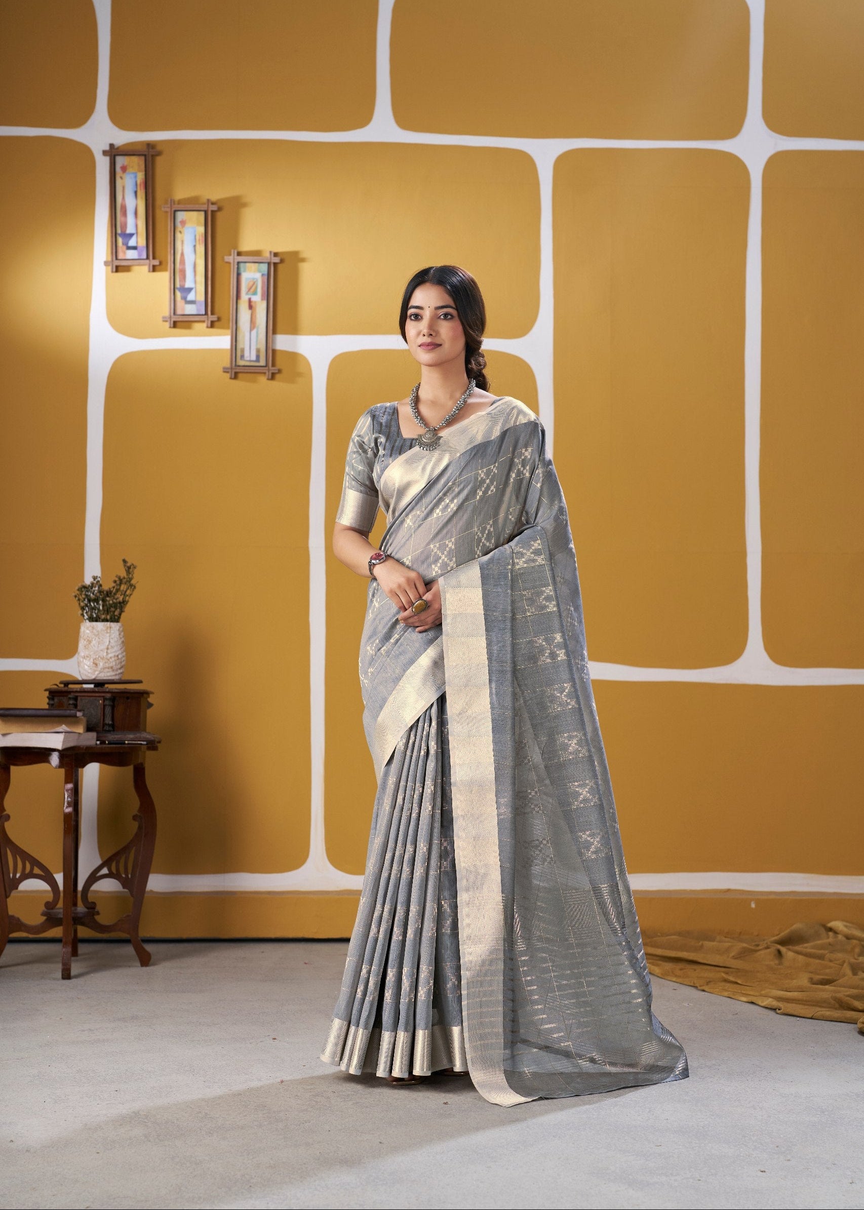 Gray Soft Linen Cotton Silk Saree