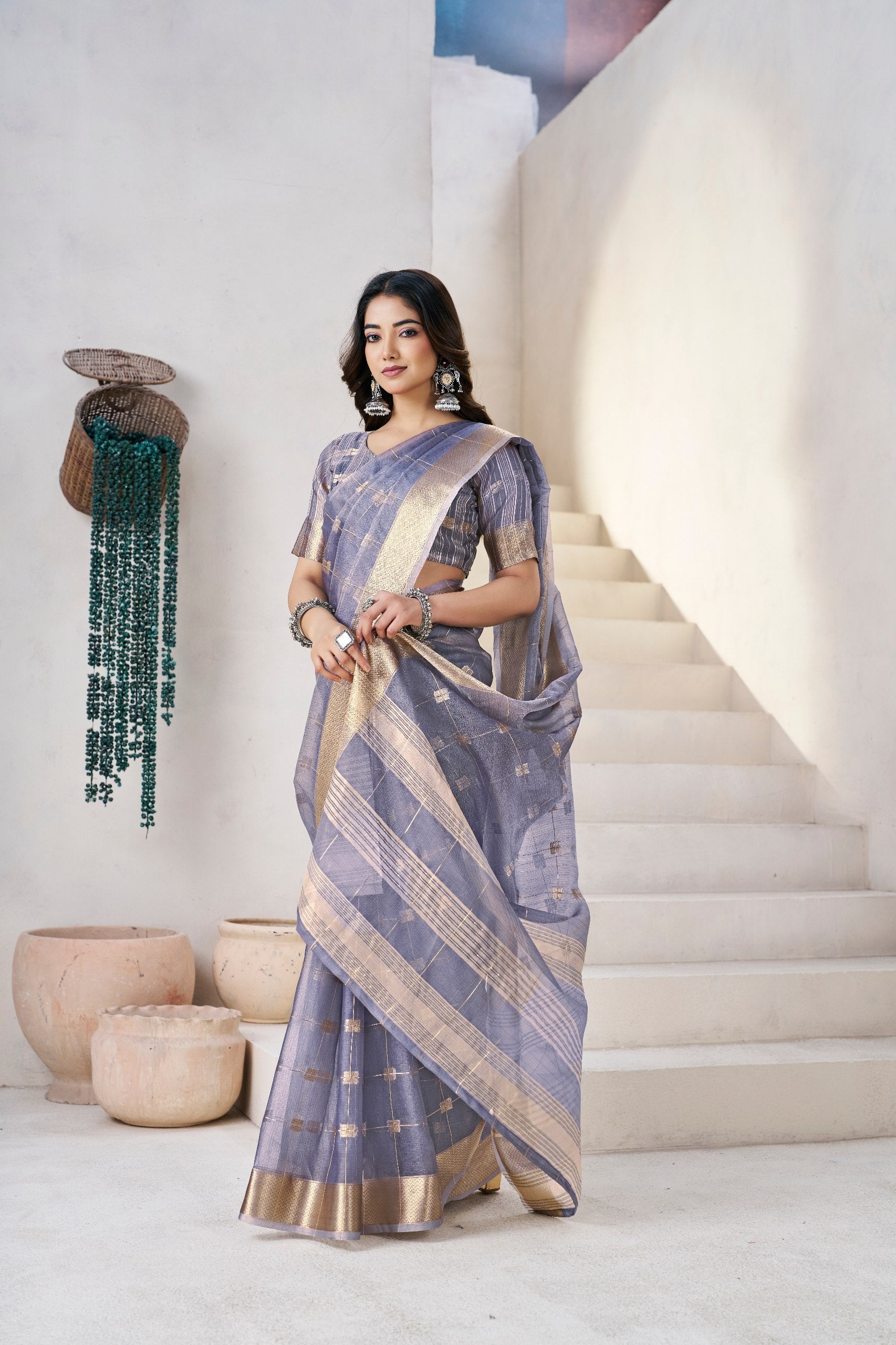 Grey Soft Linen Cotton Silk Saree