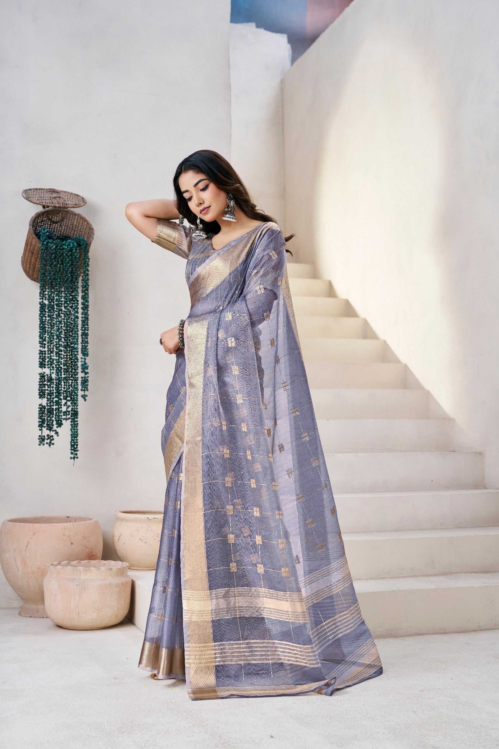 Grey Soft Linen Cotton Silk Saree