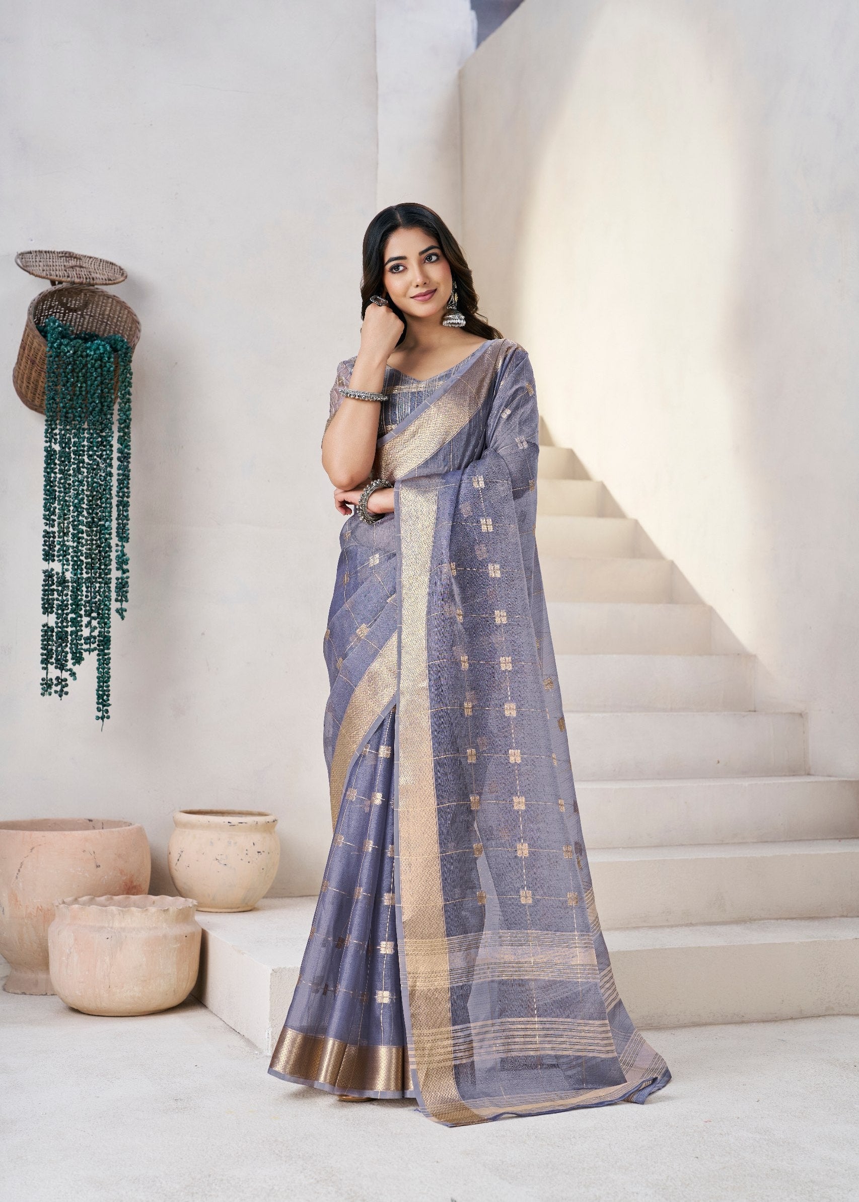 Grey Soft Linen Cotton Silk Saree