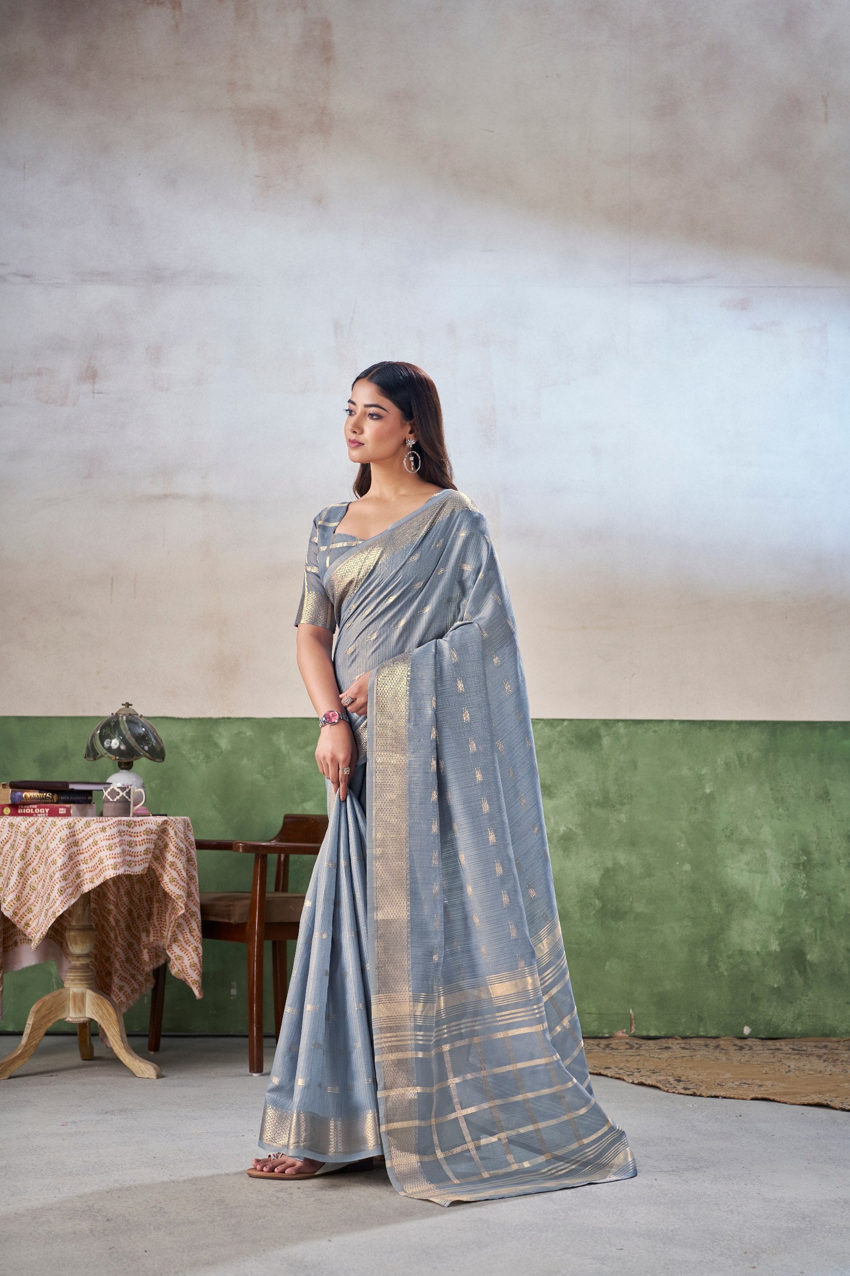 Grey Soft Linen Cotton Silk Saree