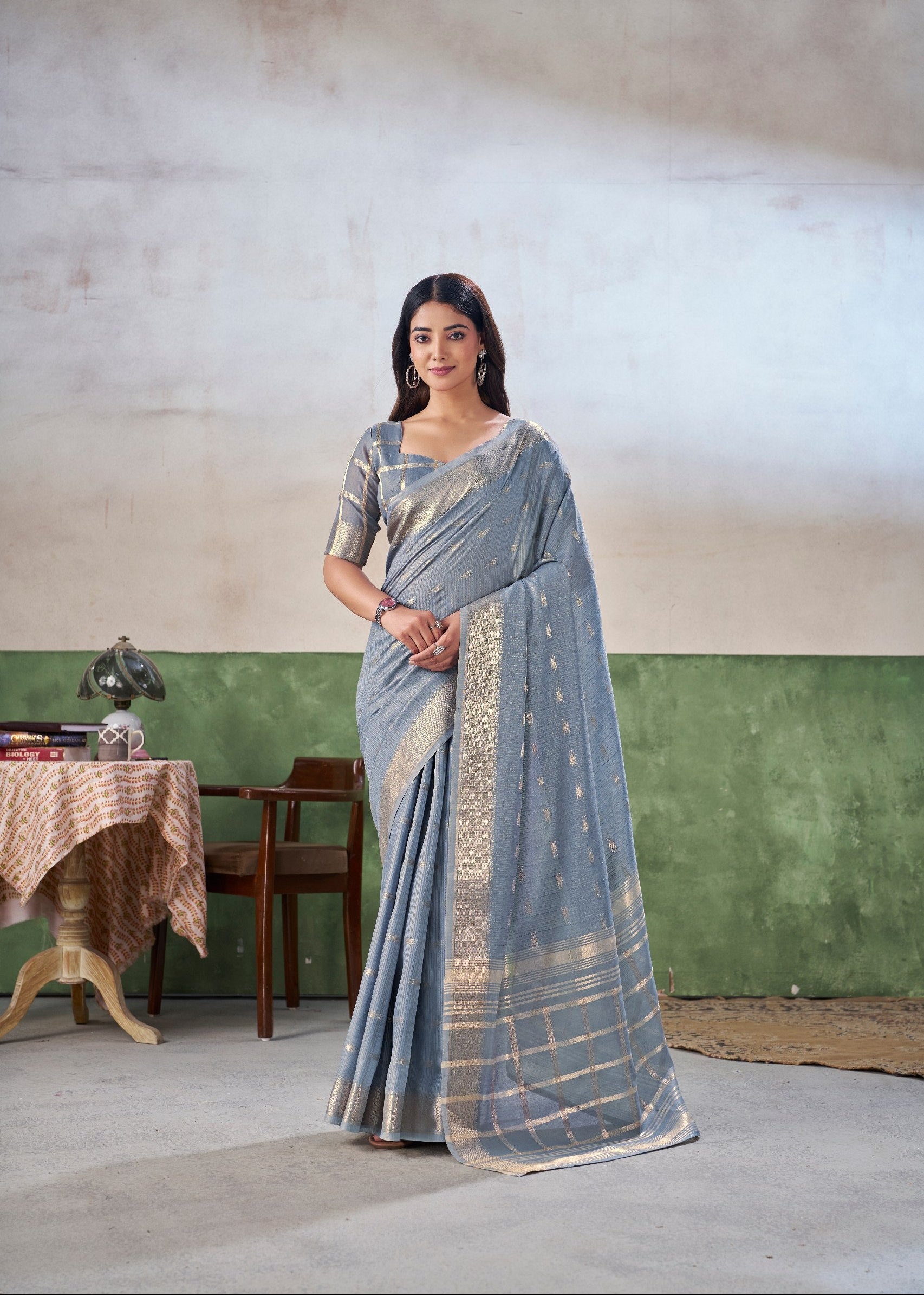 Grey Soft Linen Cotton Silk Saree