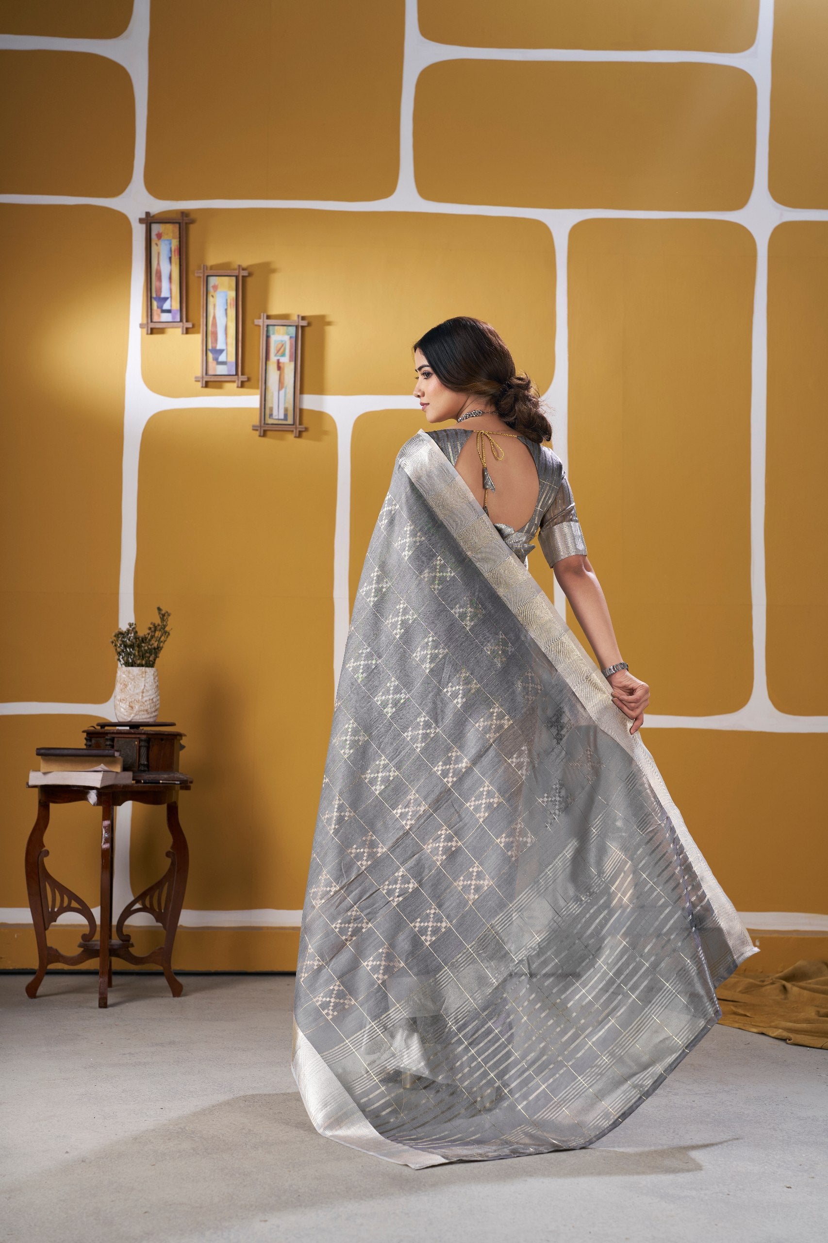 Gray Soft Linen Cotton Silk Saree