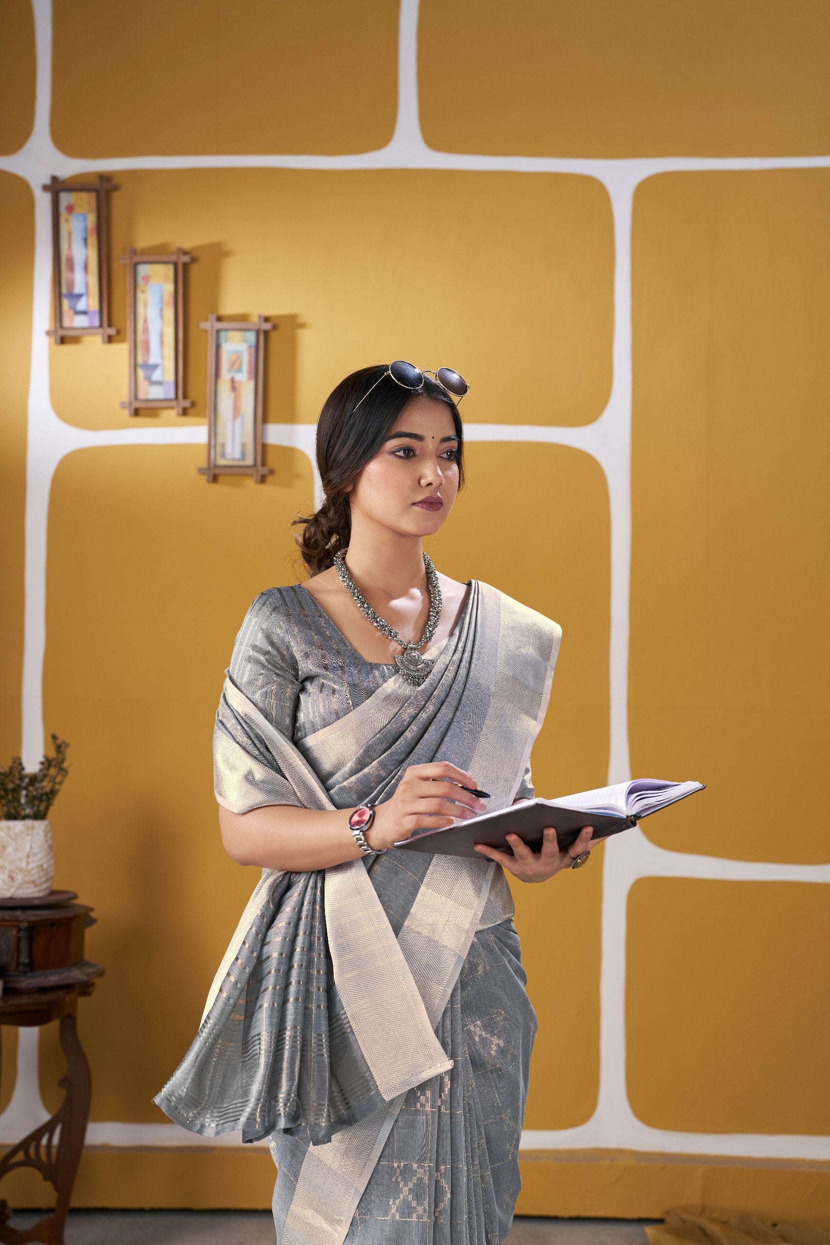 Gray Soft Linen Cotton Silk Saree