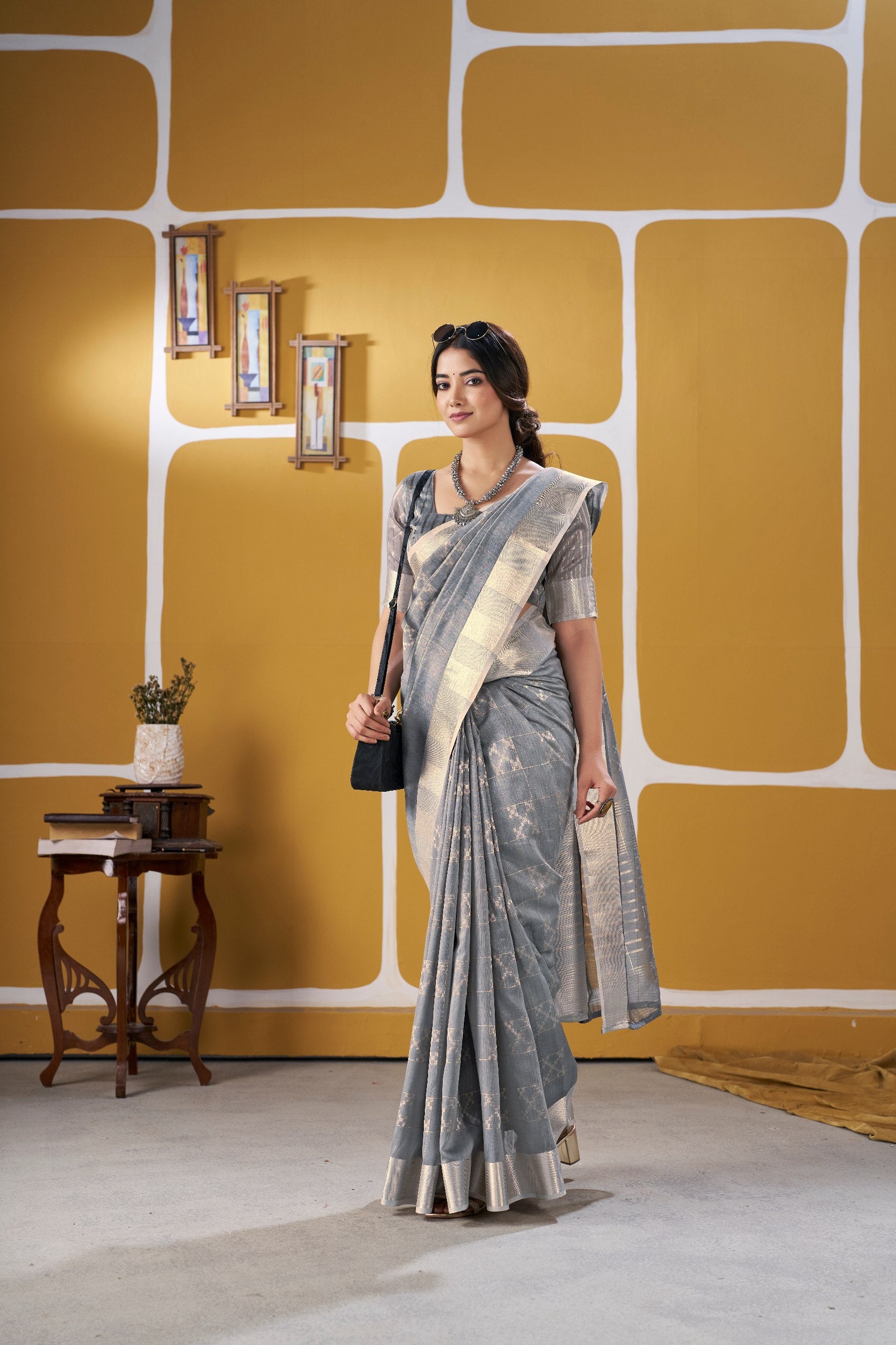 Gray Soft Linen Cotton Silk Saree