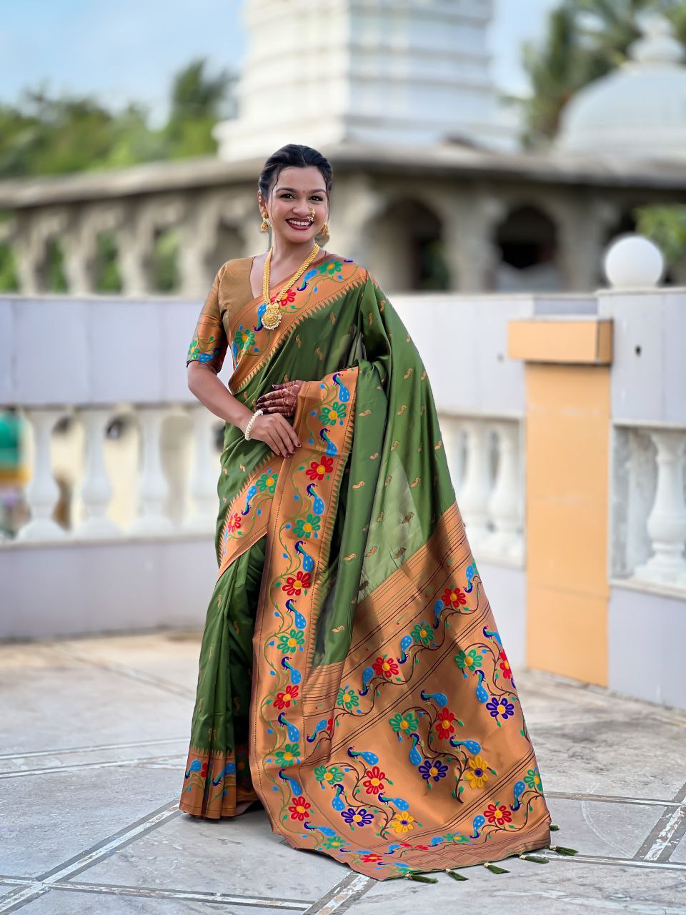 Hazel Green Wedding Wear Soft Paithani Silk Saree