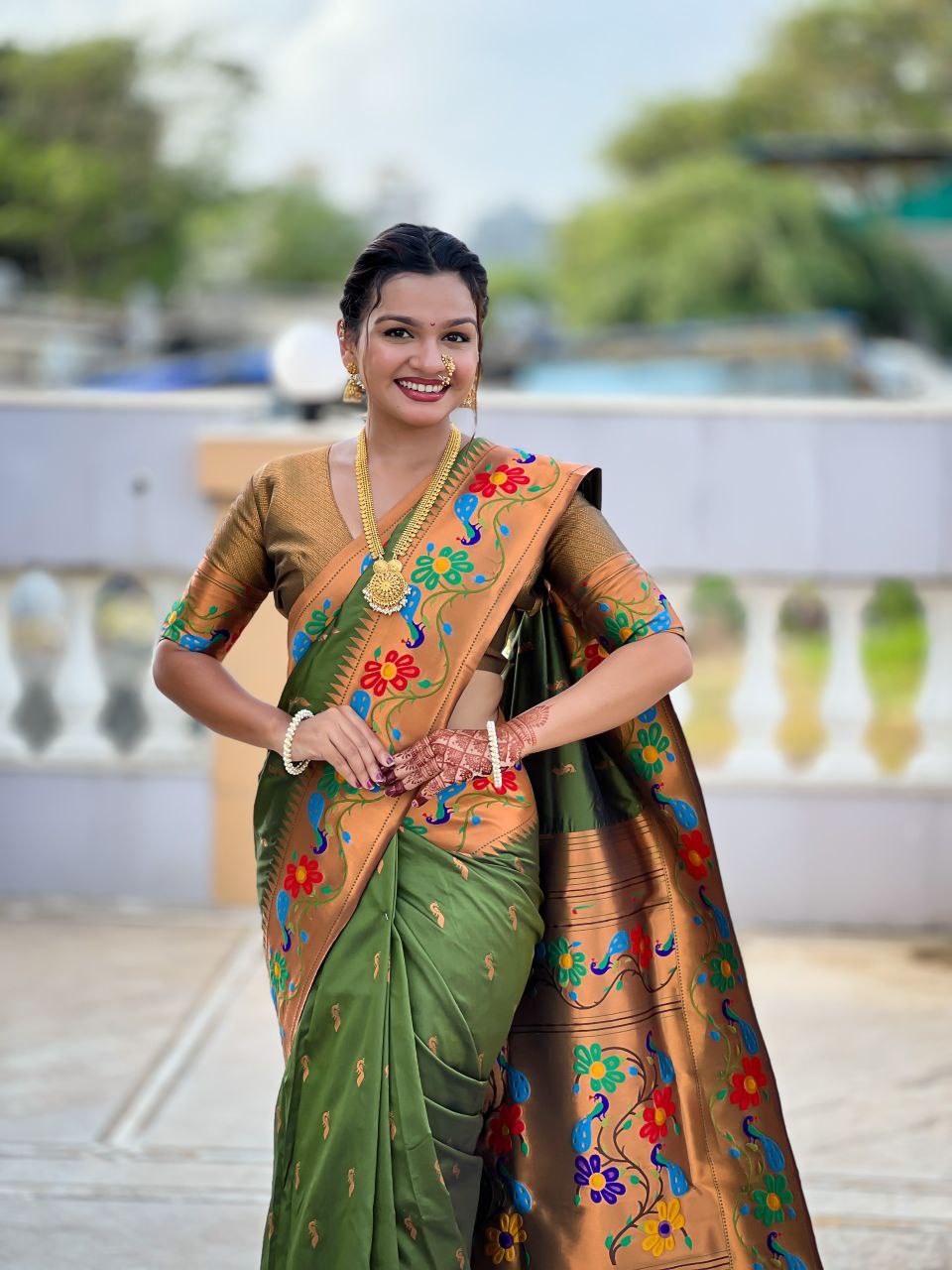 Hazel Green Wedding Wear Soft Paithani Silk Saree