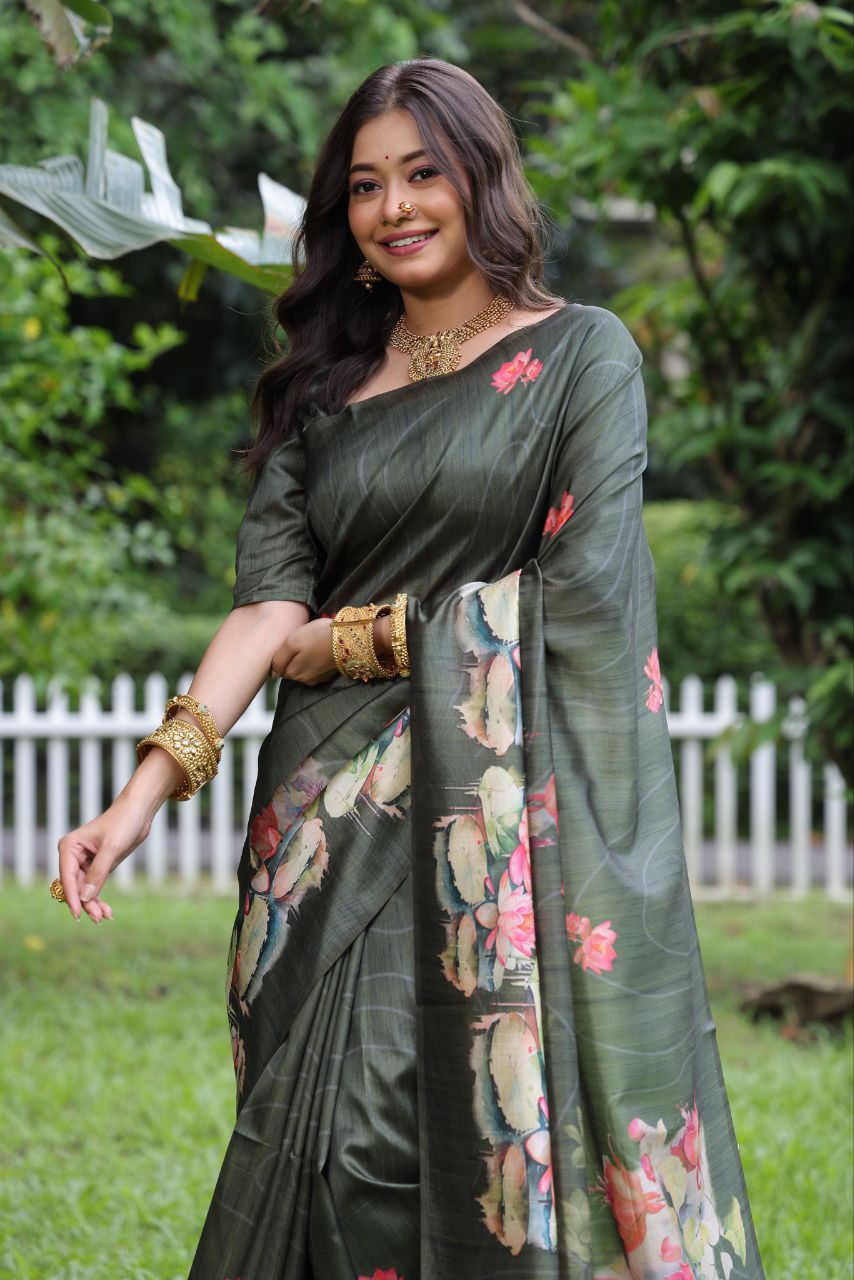 Jungle Green Lotus Printed Soft Tussar Silk Saree