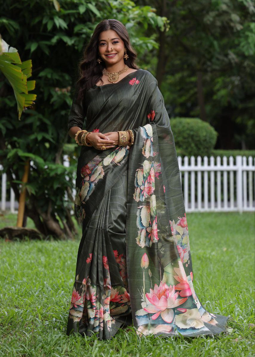 Jungle Green Lotus Printed Soft Tussar Silk Saree