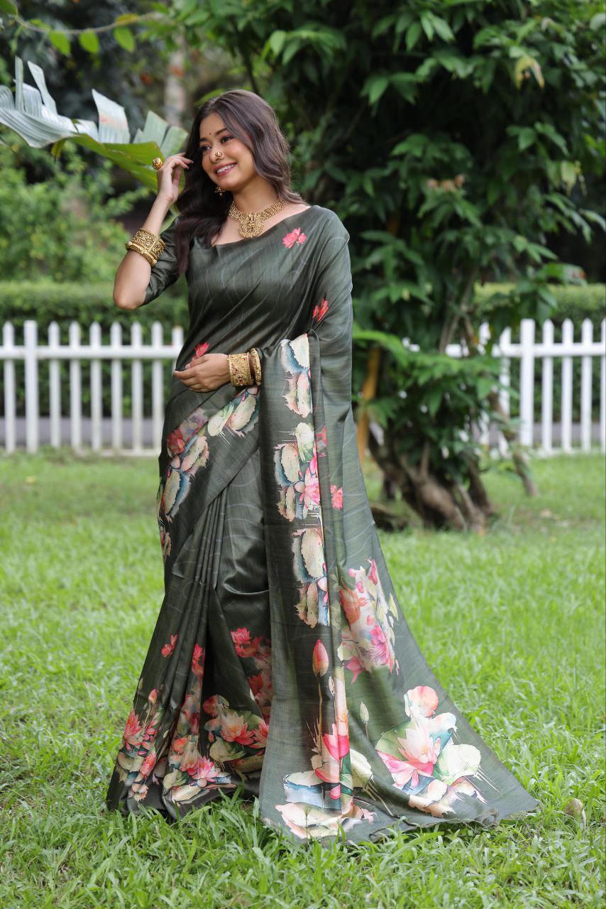 Jungle Green Lotus Printed Soft Tussar Silk Saree