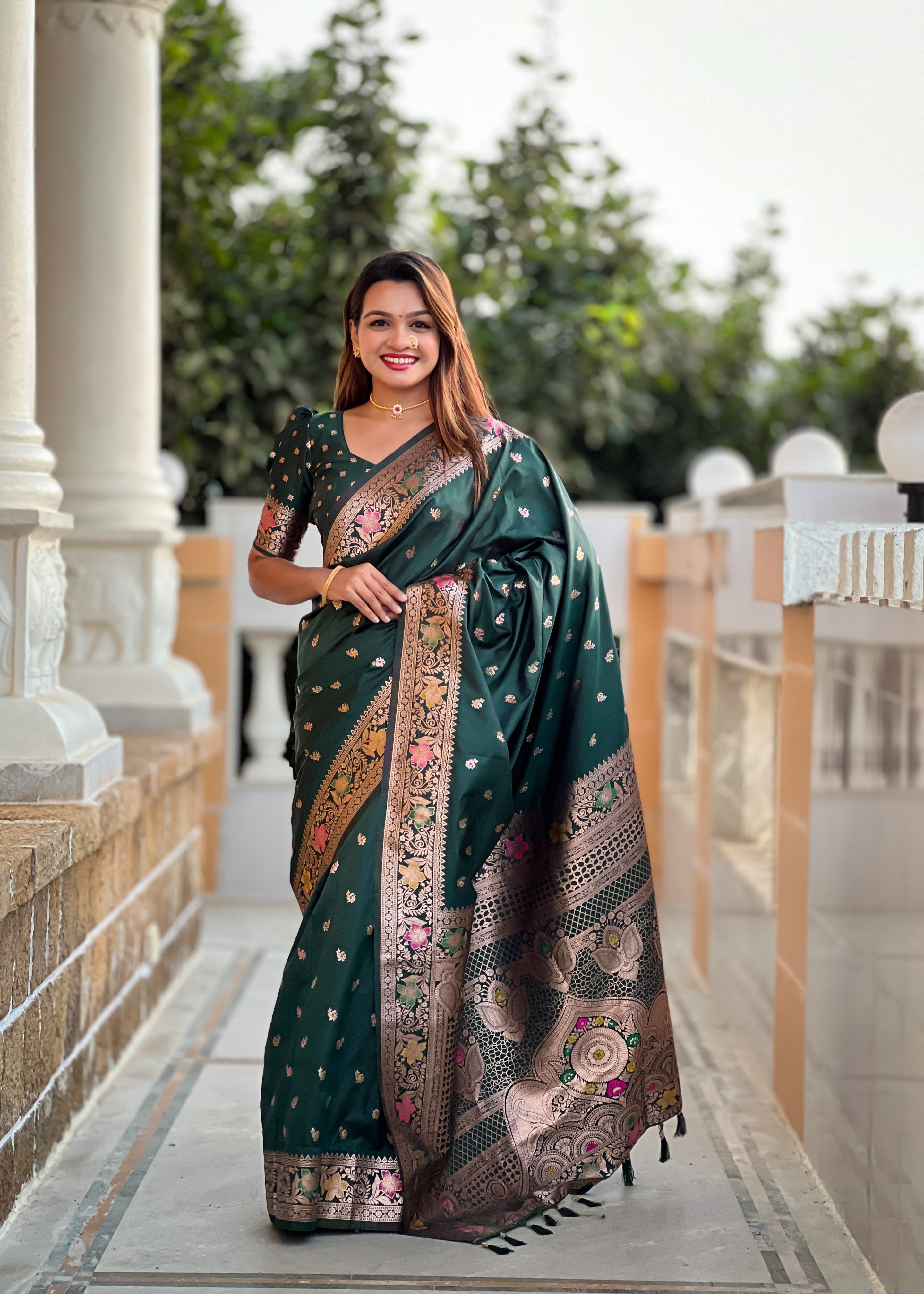 Jungle Green Soft Banarasi Silk Saree