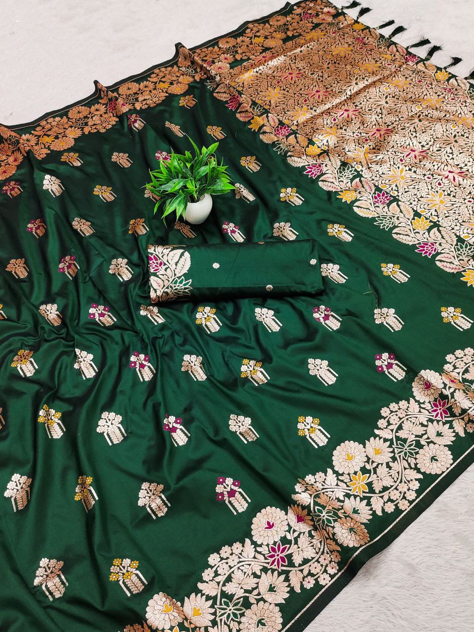 Jungle Green Soft Banarasi Silk Saree