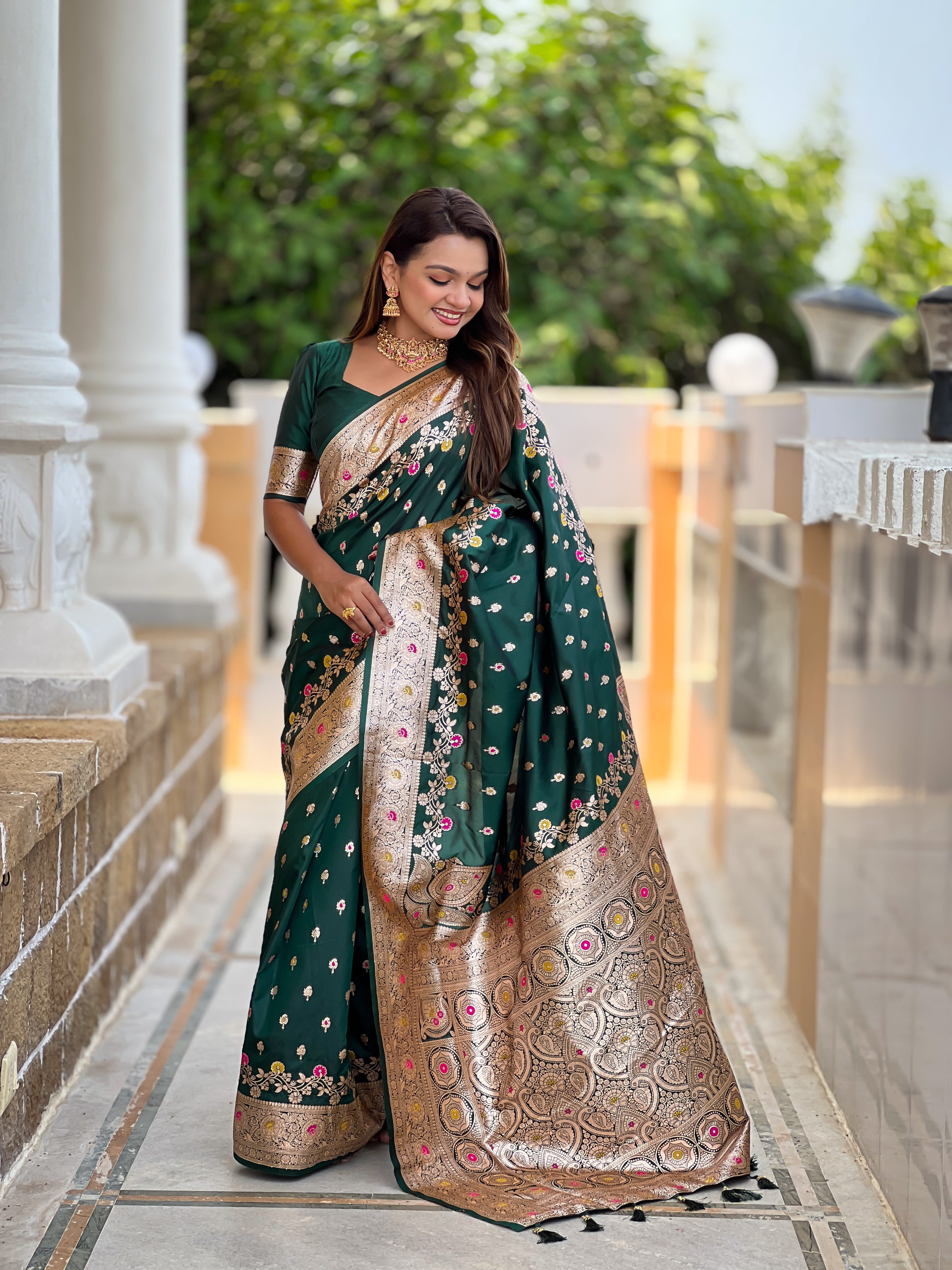 Jungle Green Soft Banarasi Silk Saree