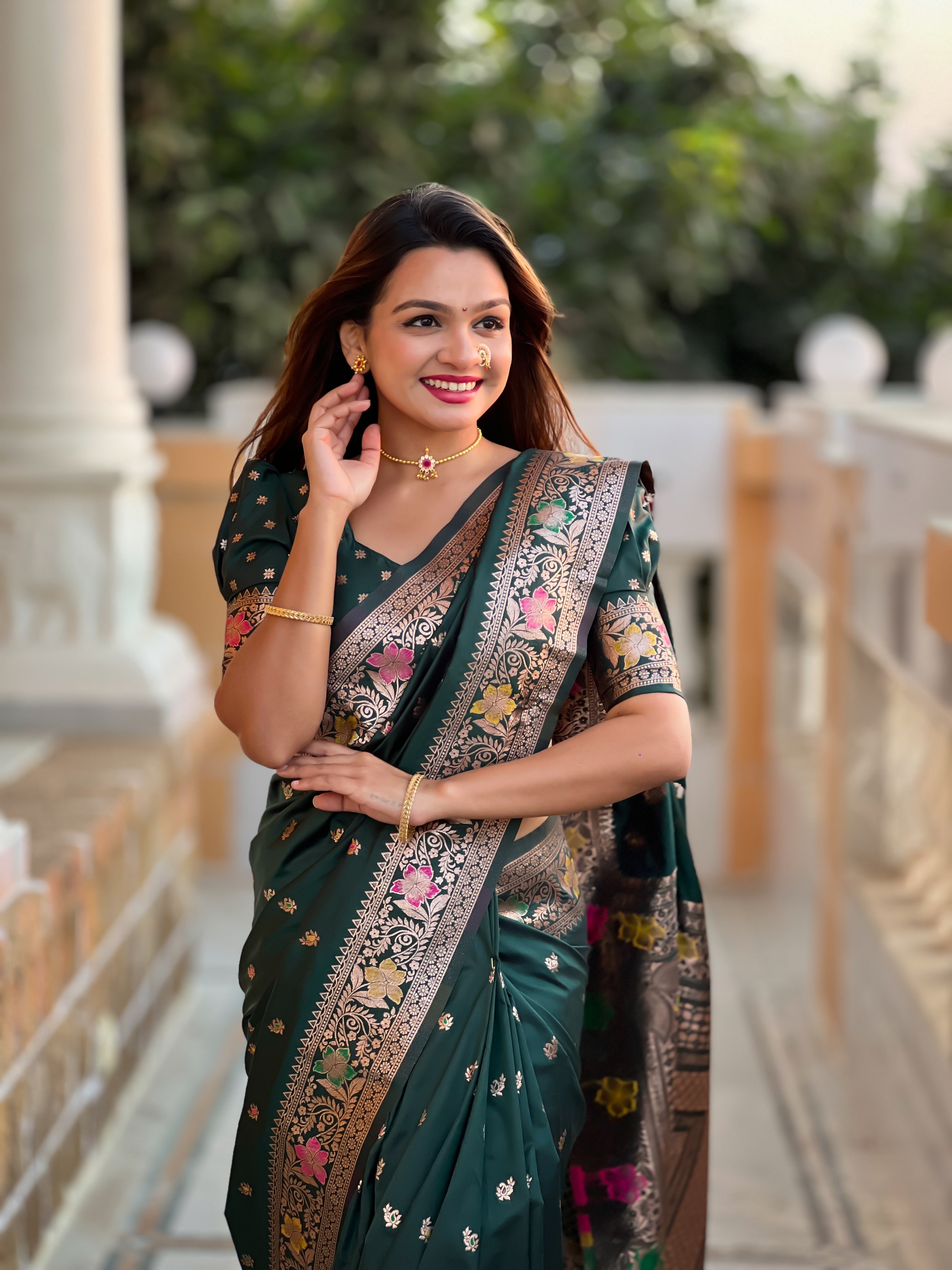 Jungle Green Soft Banarasi Silk Saree