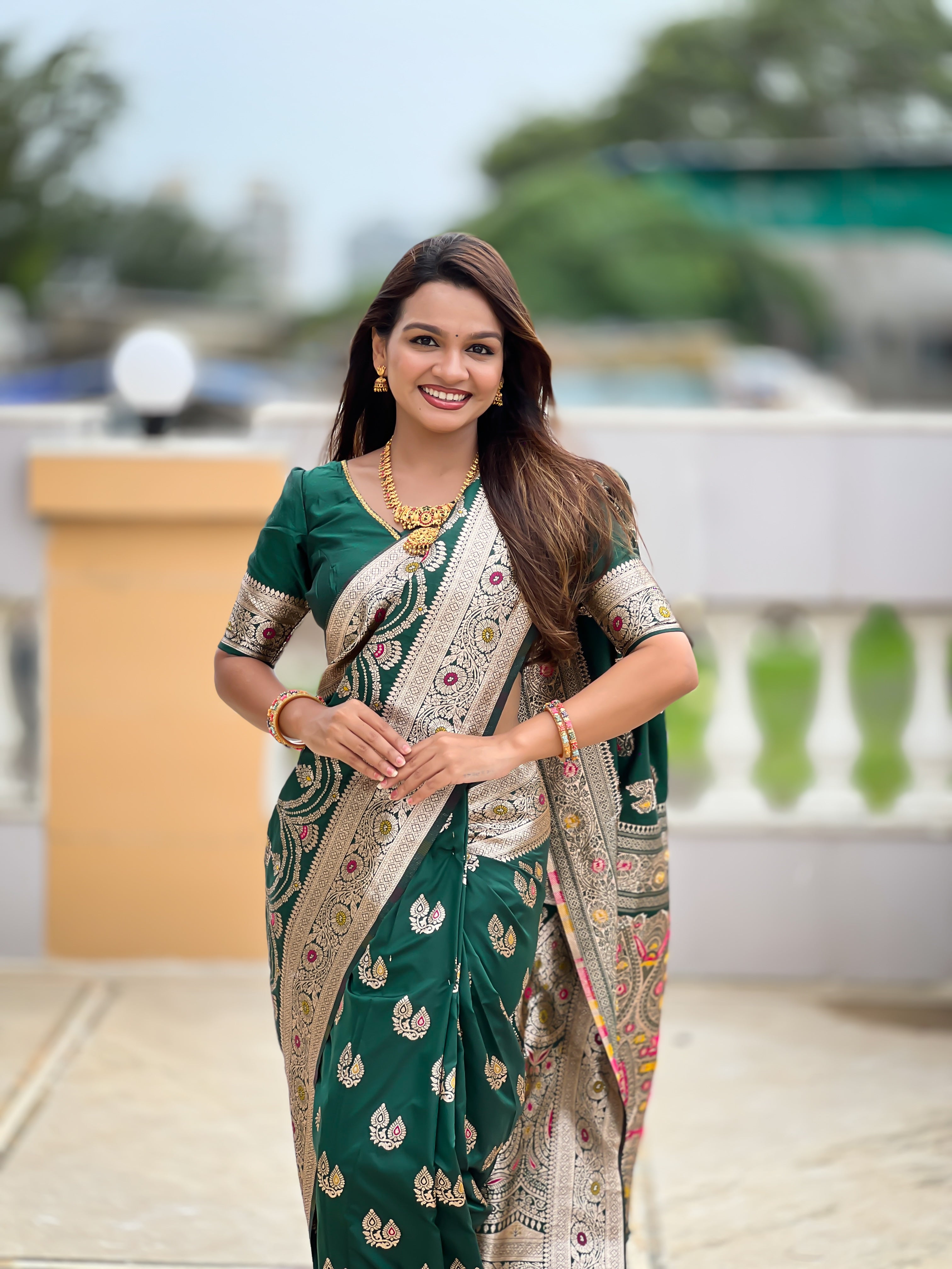 Jungle Green Wedding Wear Soft Banarasi Silk Saree