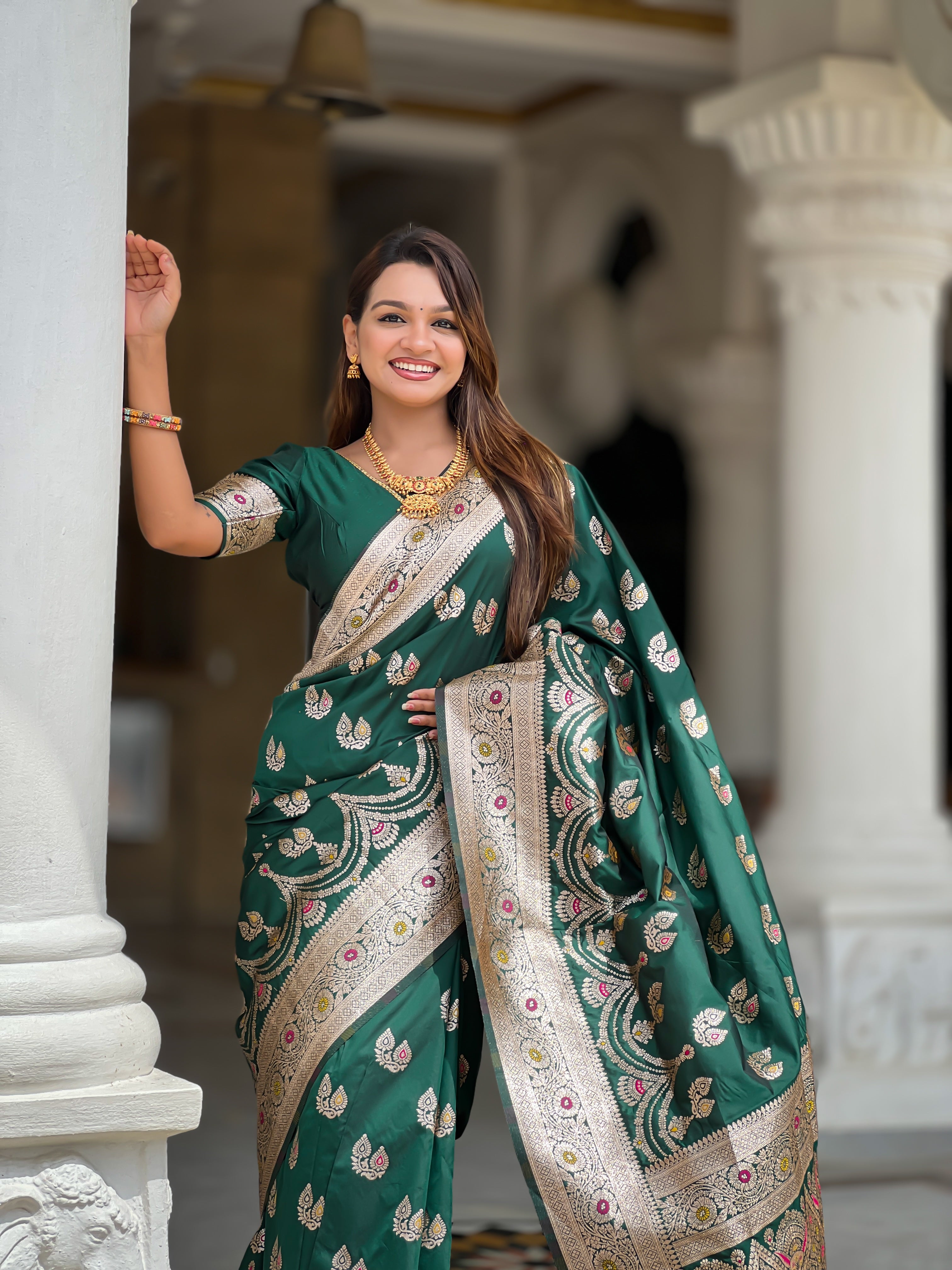 Jungle Green Wedding Wear Soft Banarasi Silk Saree