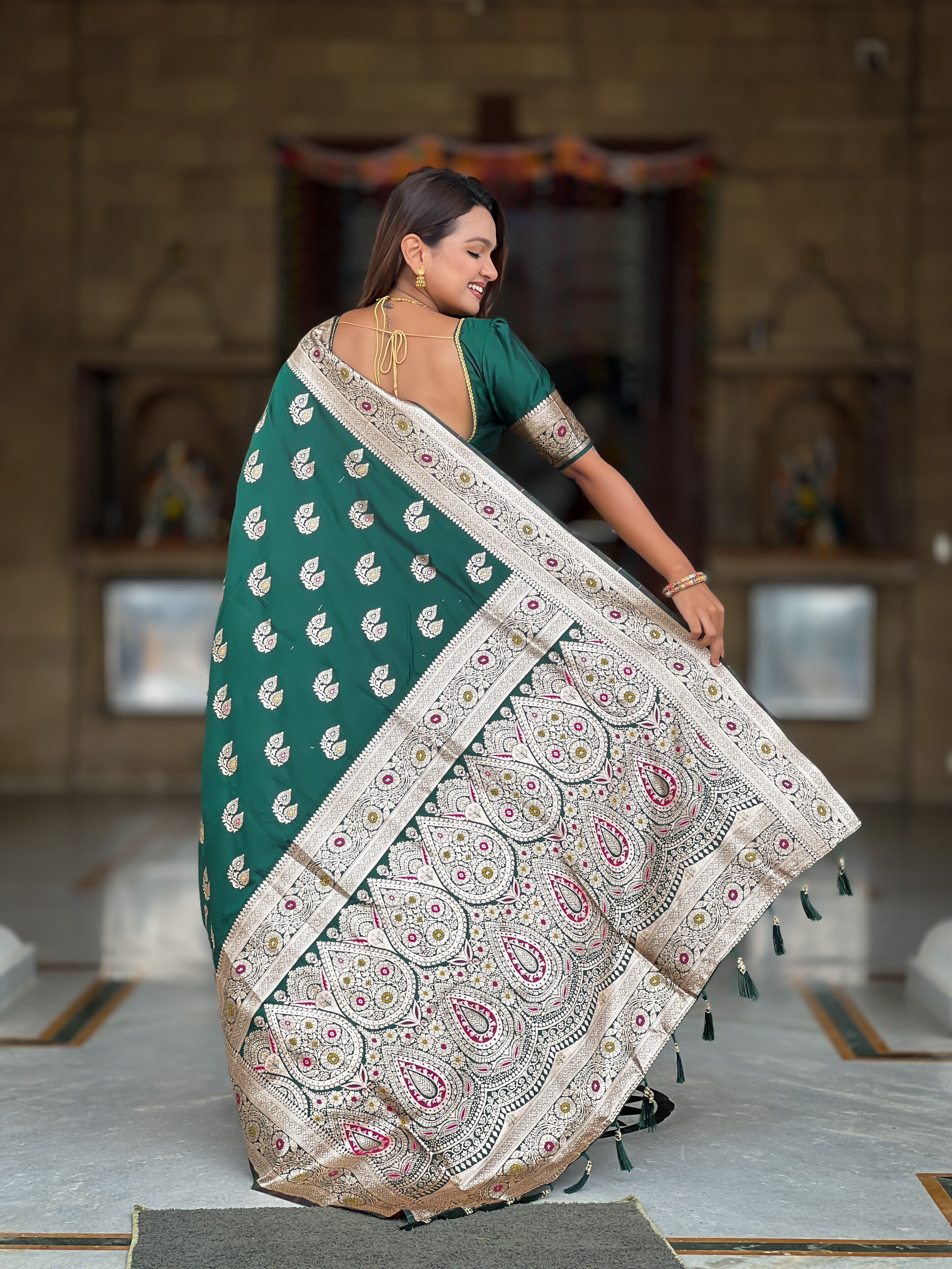 Jungle Green Wedding Wear Soft Banarasi Silk Saree