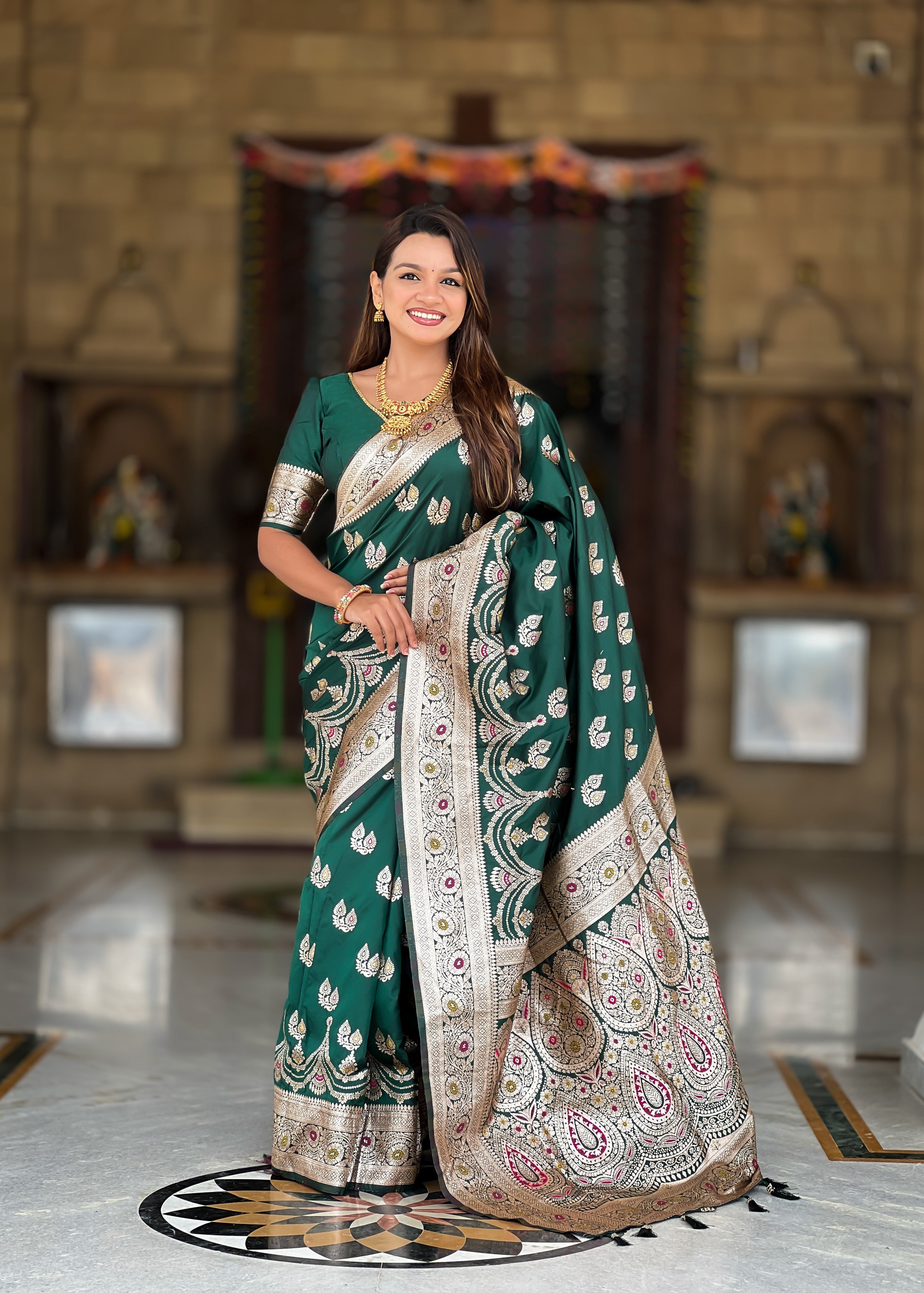 Jungle Green Wedding Wear Soft Banarasi Silk Saree