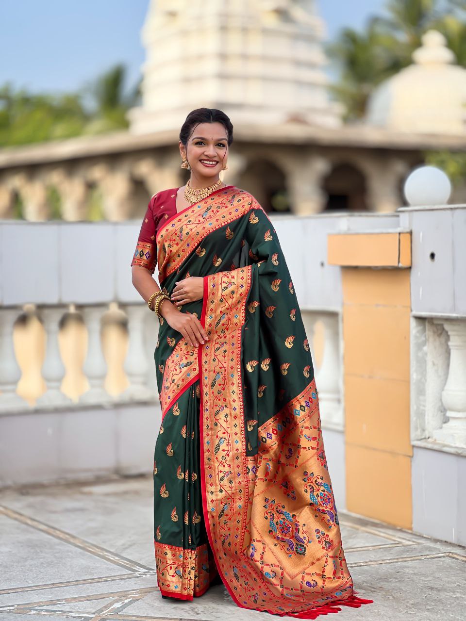 Jungle Green Wedding Wear Soft Paithani Silk Saree