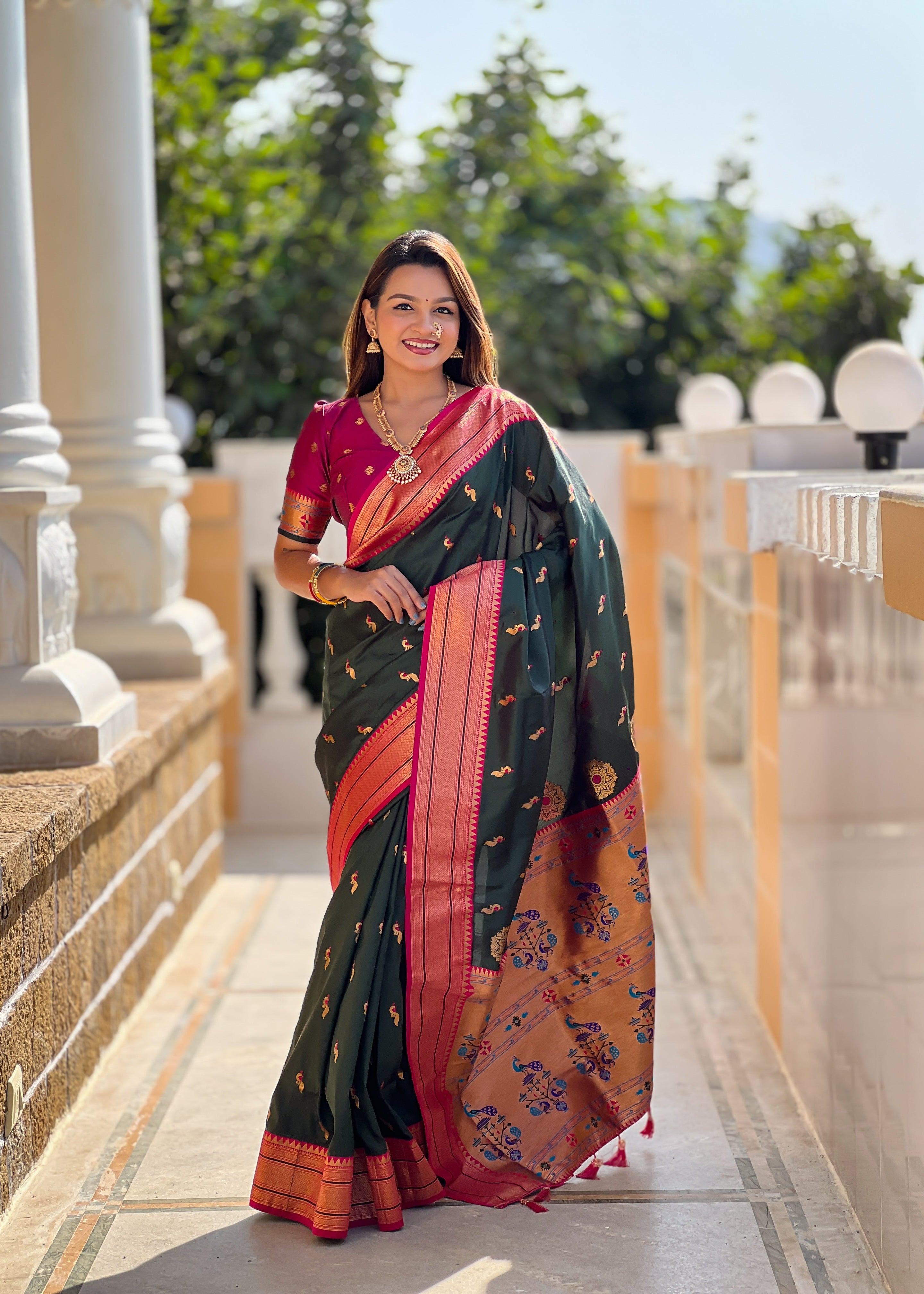 Jungle Green Wedding Wear Soft Paithani Silk Saree