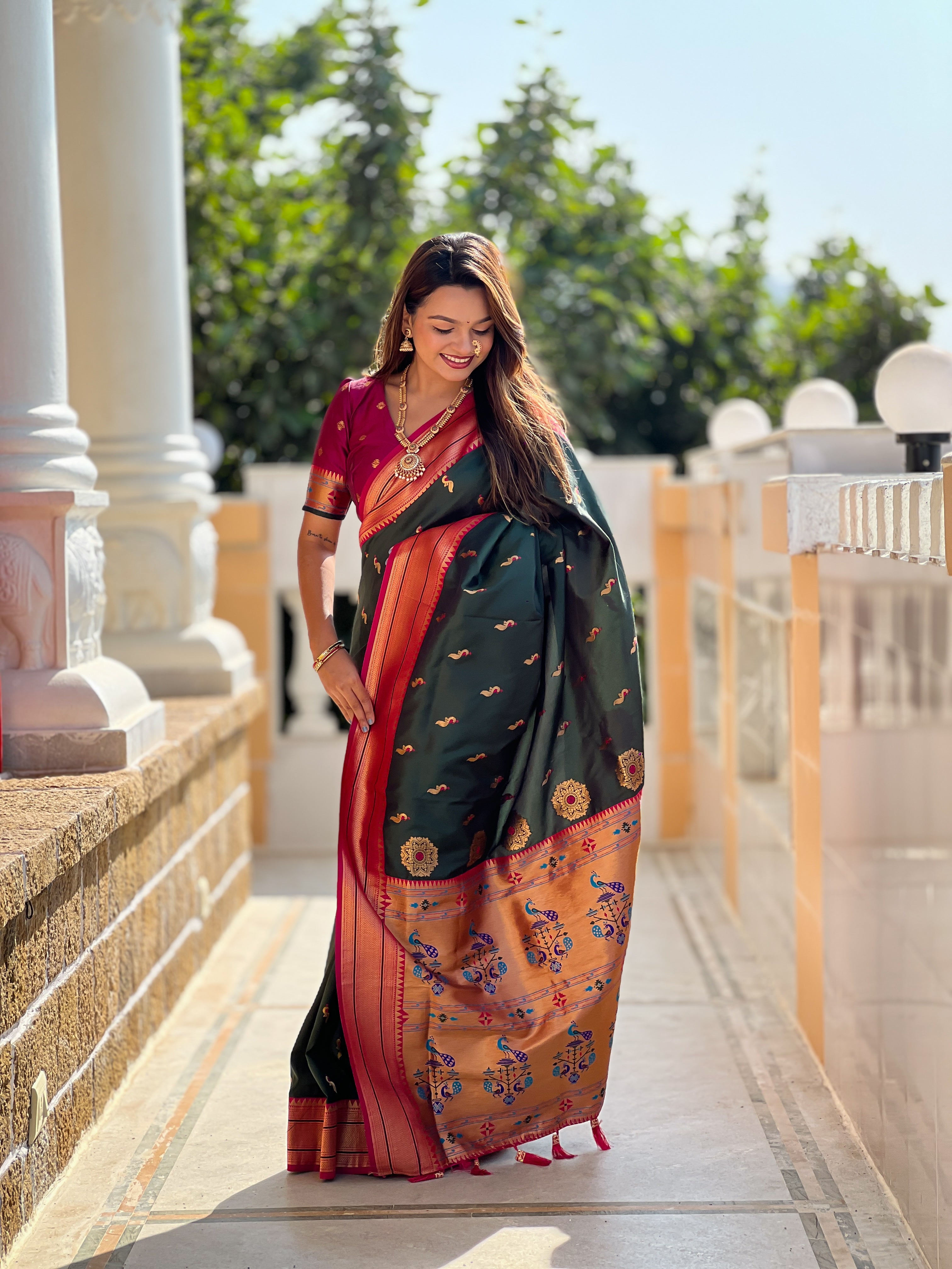 Jungle Green Wedding Wear Soft Paithani Silk Saree