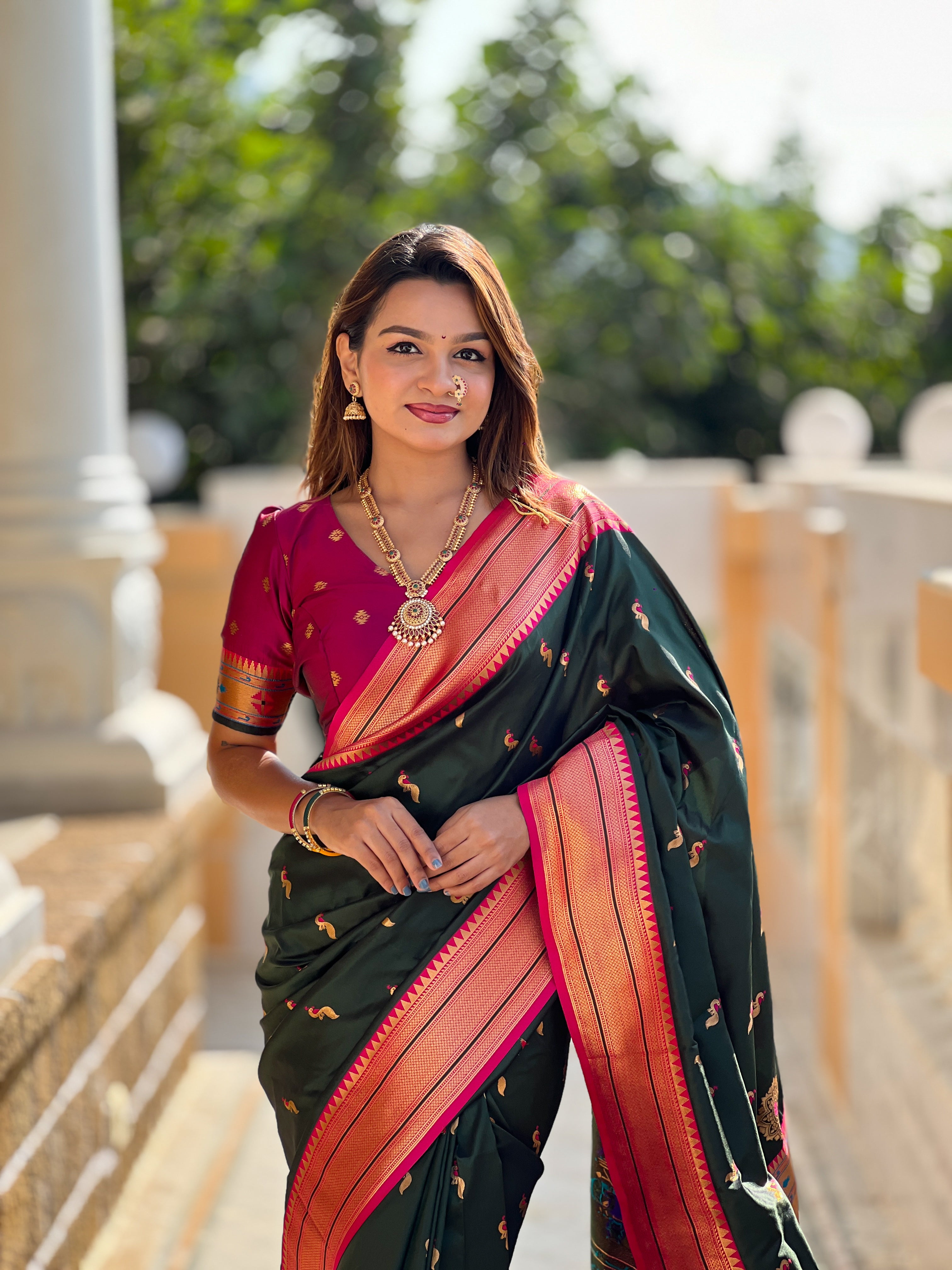 Jungle Green Wedding Wear Soft Paithani Silk Saree