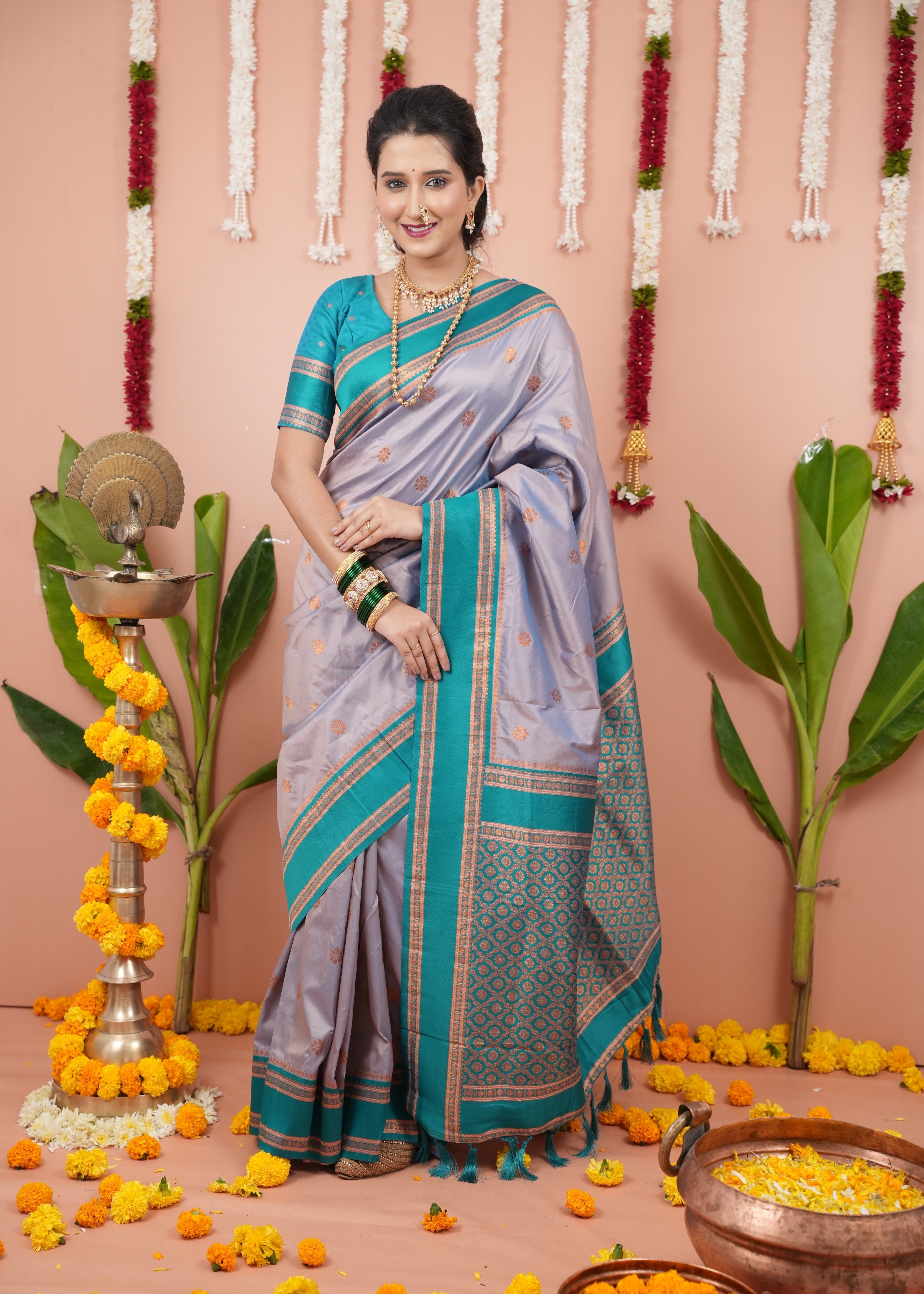 Lavender Grey Wedding Wear Soft Silk Saree