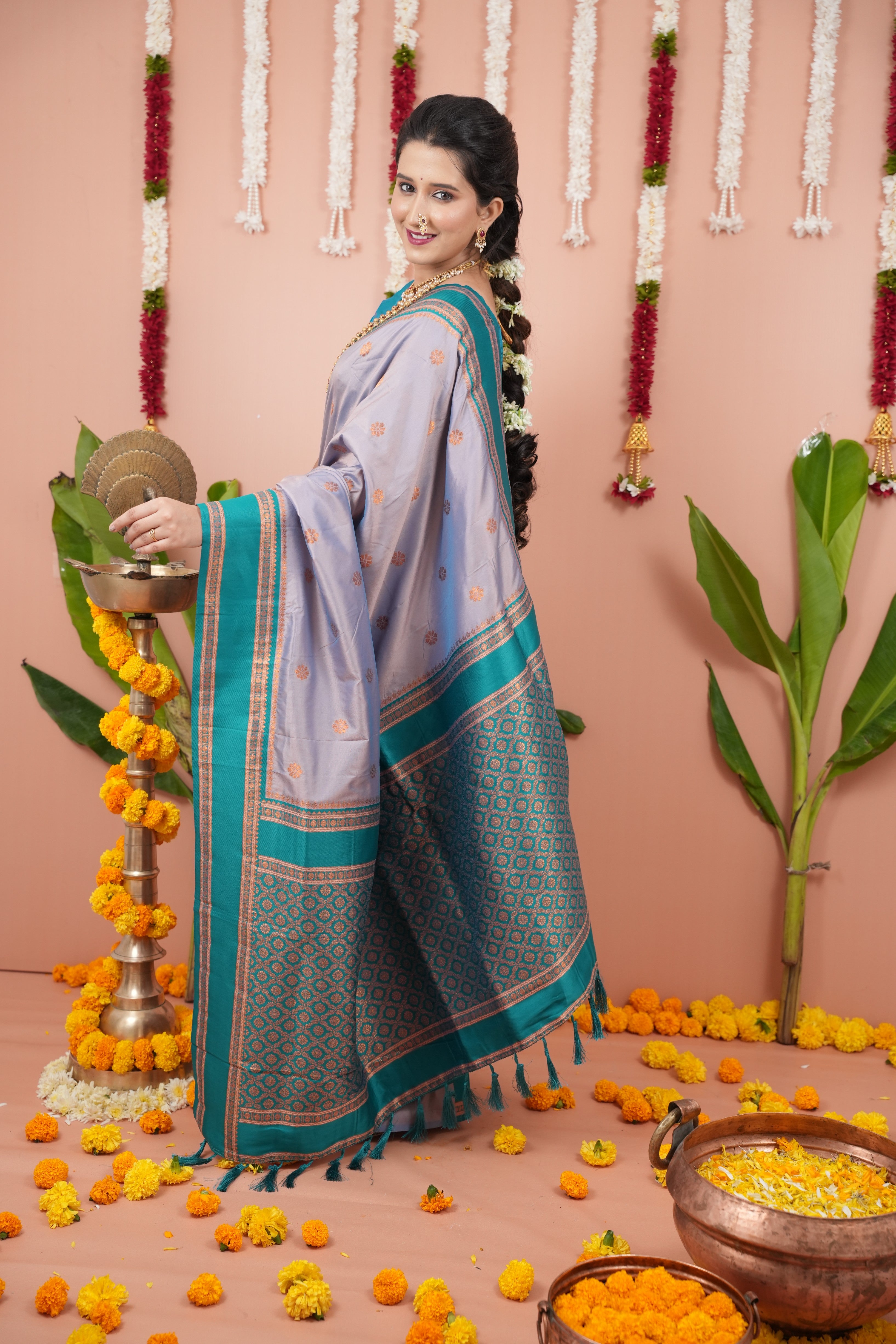 Lavender Grey Wedding Wear Soft Silk Saree