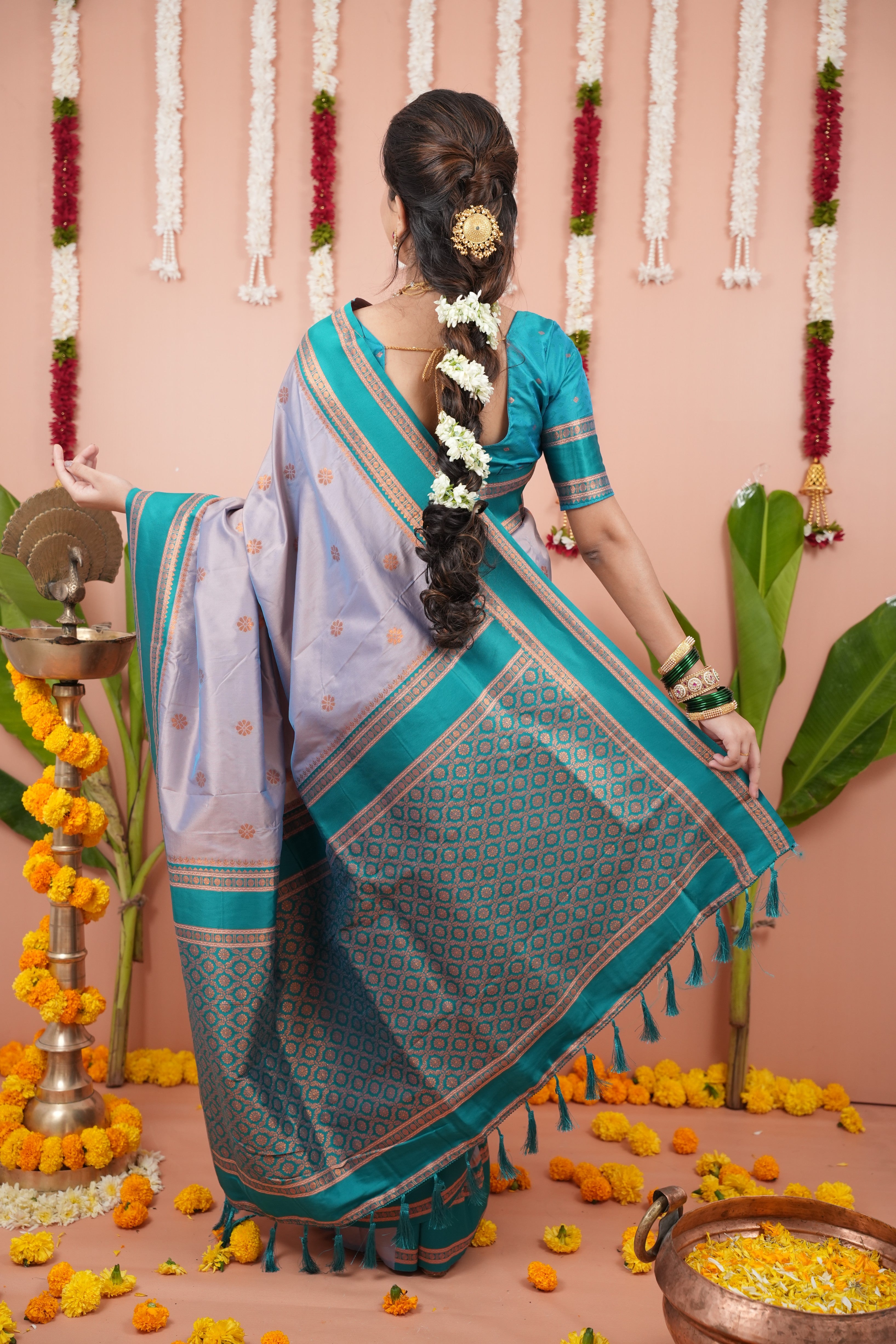 Lavender Grey Wedding Wear Soft Silk Saree