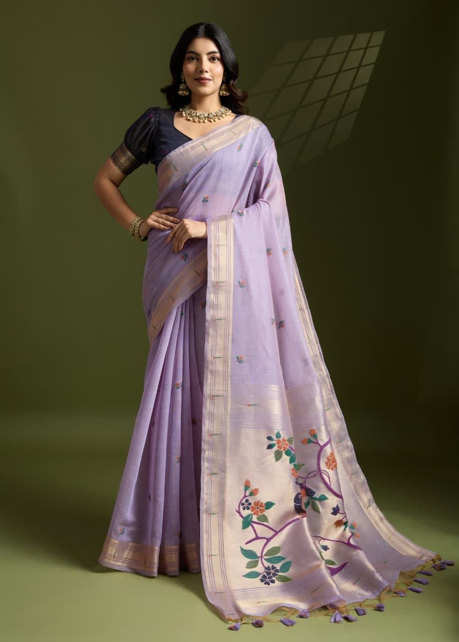 Lavender Muga Cotton Paithani Saree