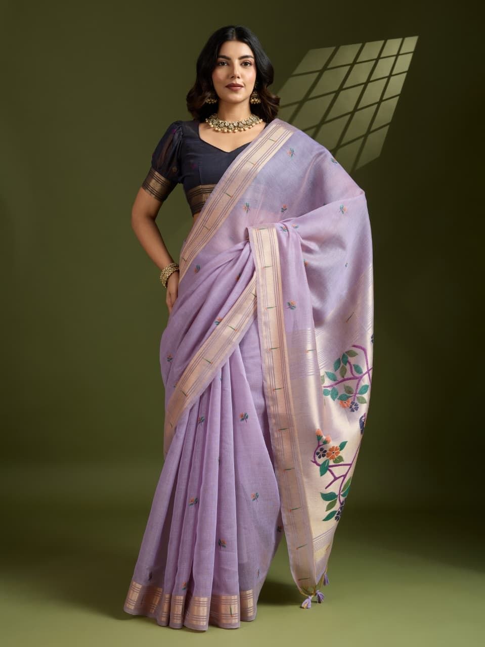 Lavender Muga Cotton Paithani Saree