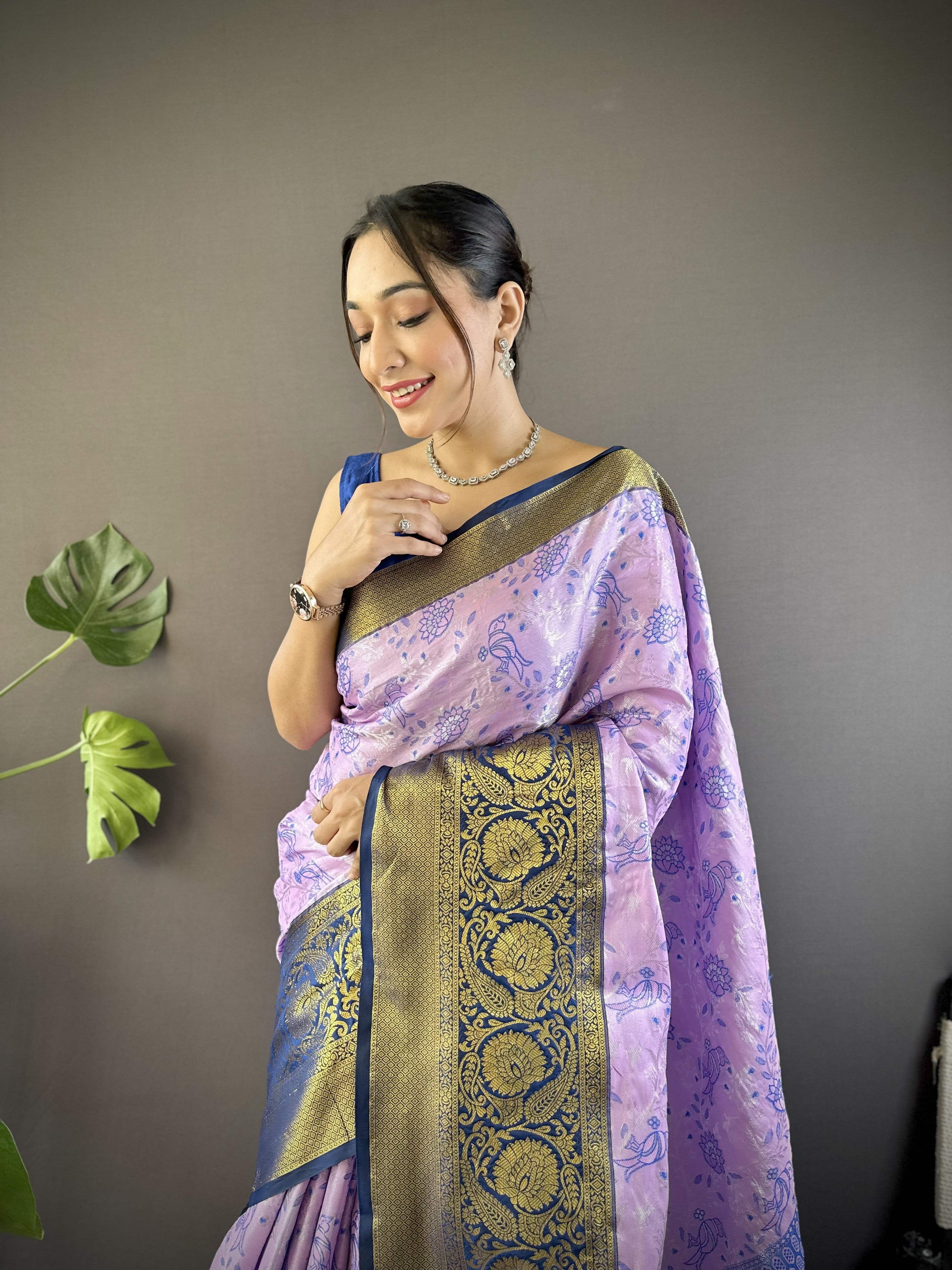 Lavender Navy Kanjivaram Tissue Silk Saree