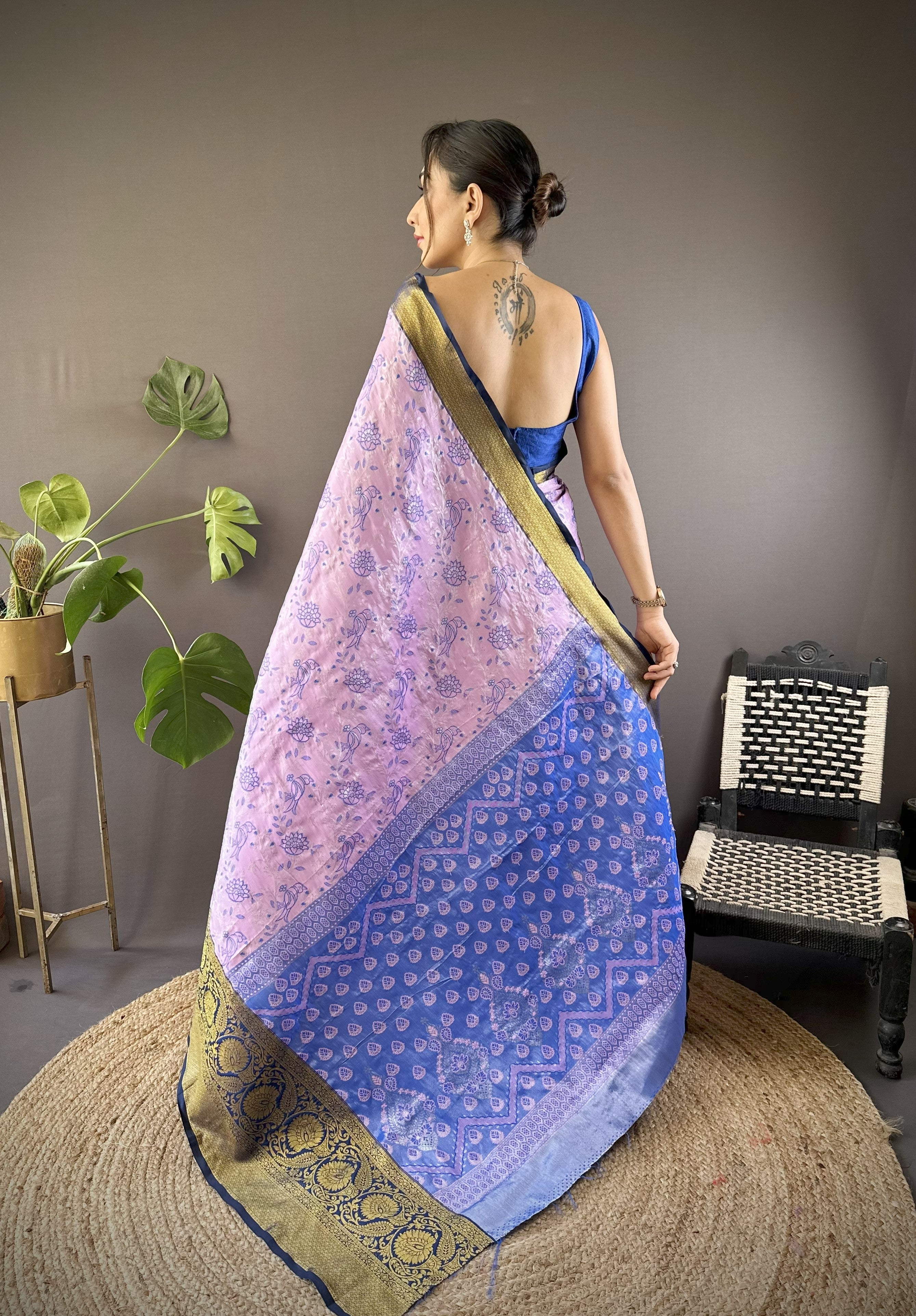 Lavender Navy Kanjivaram Tissue Silk Saree