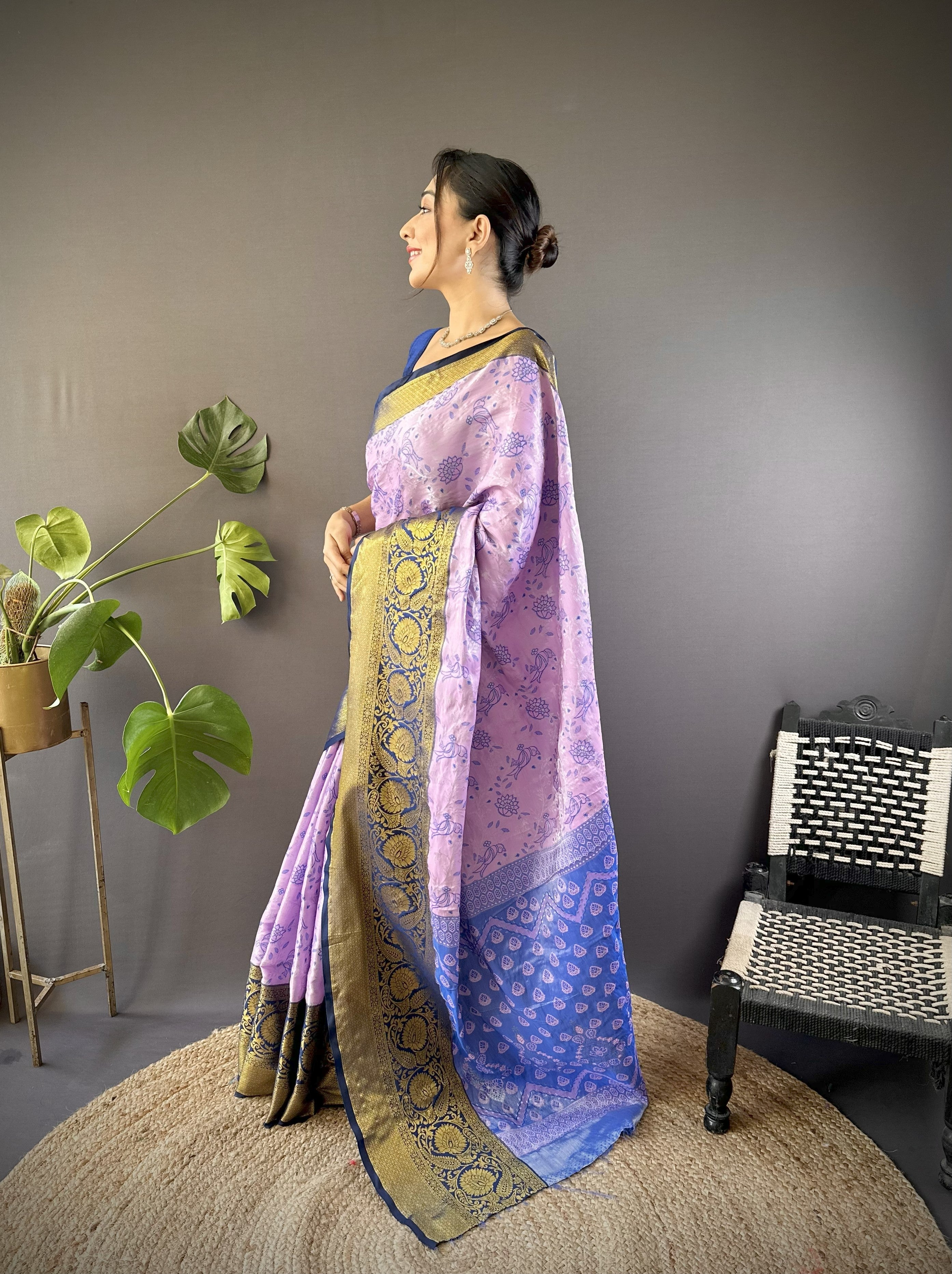 Lavender Navy Kanjivaram Tissue Silk Saree