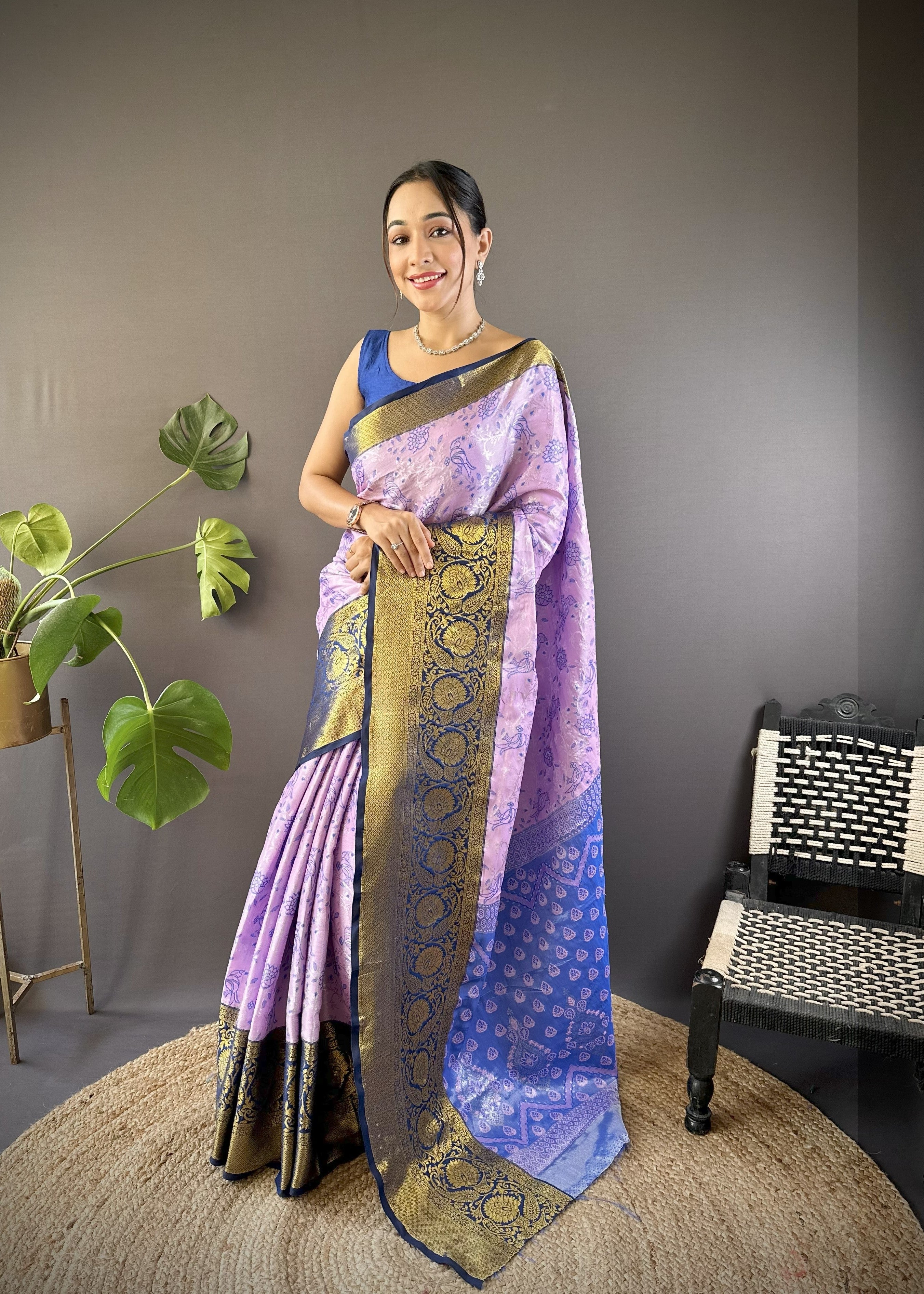 Lavender Navy Kanjivaram Tissue Silk Saree