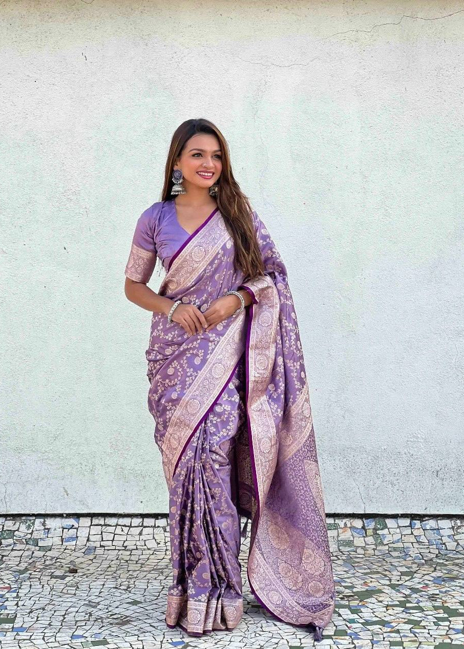 Lavender Traditional Lichi Silk Saree