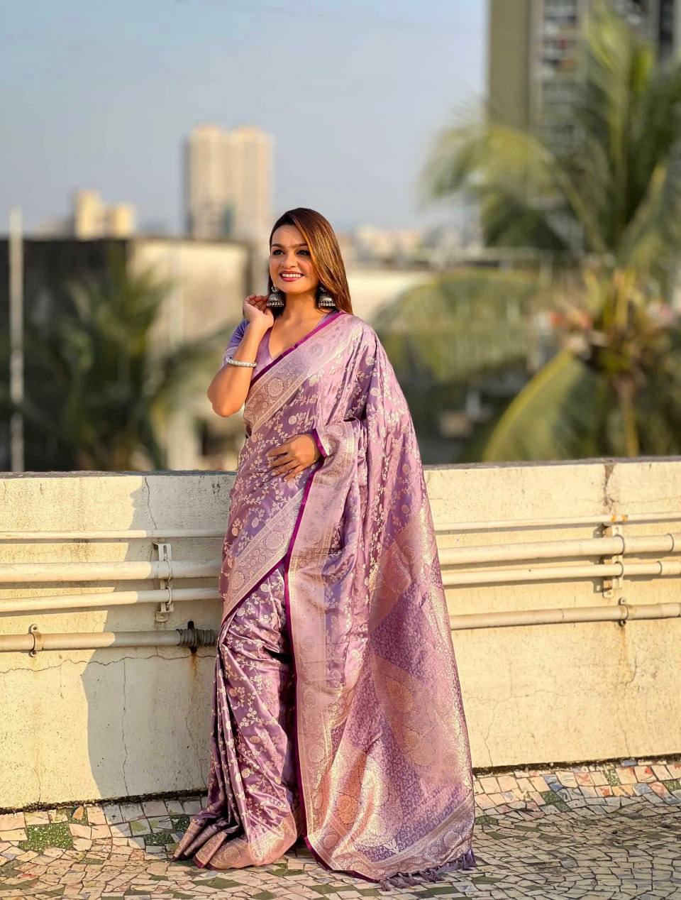 Lavender Traditional Lichi Silk Saree
