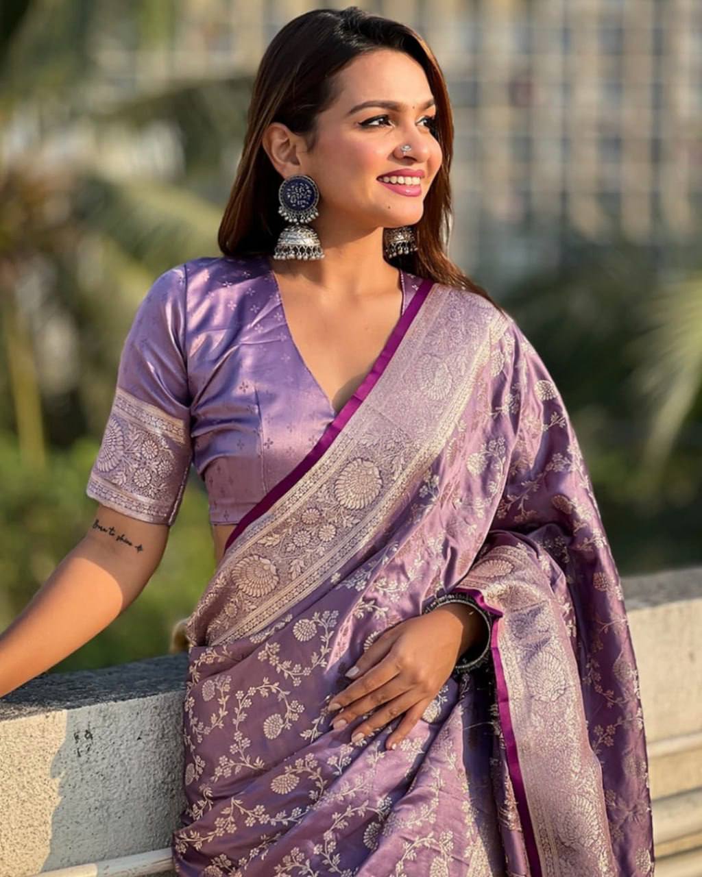 Lavender Traditional Lichi Silk Saree