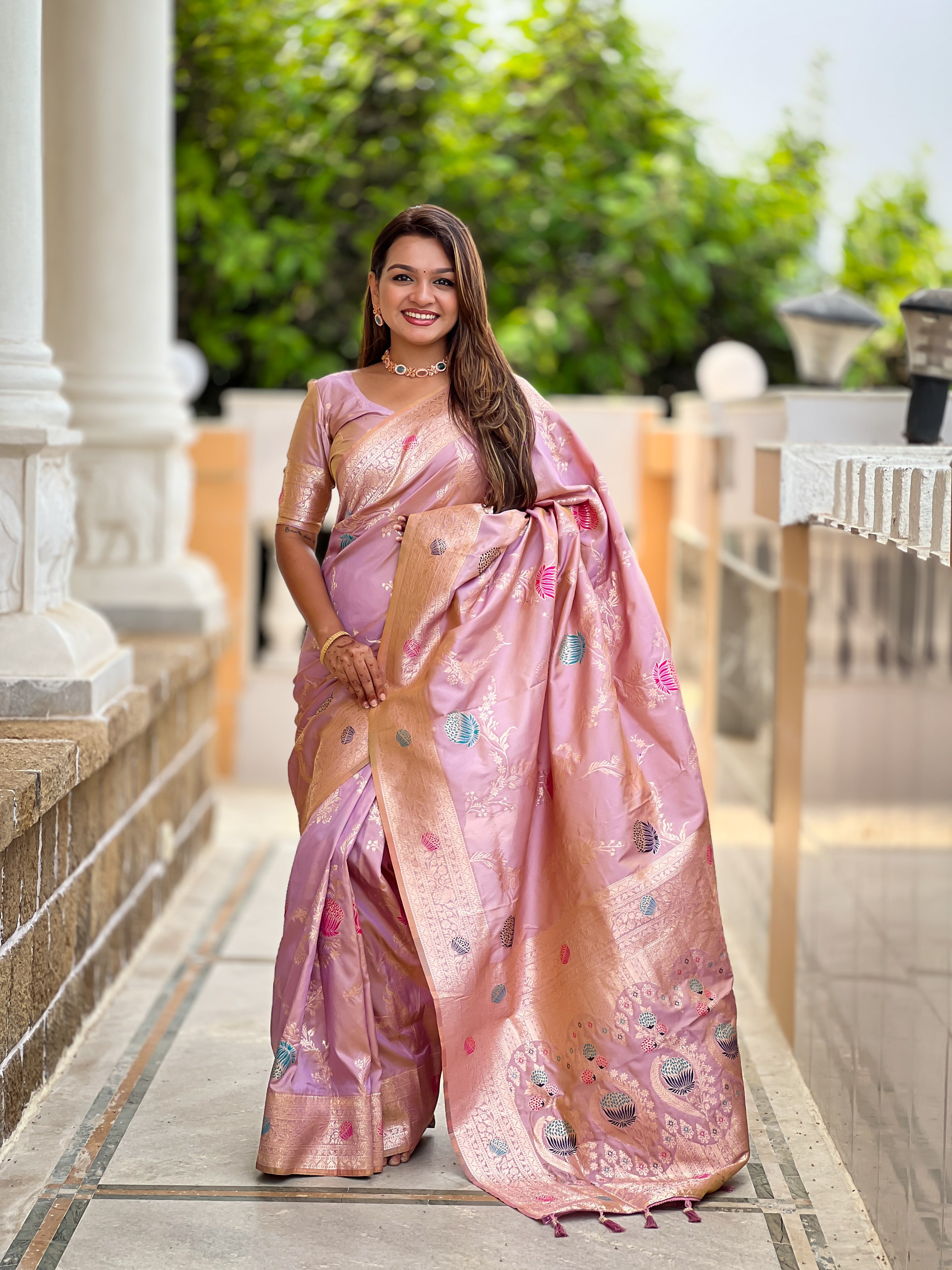 Lavender Wedding Wear Soft Banarasi Silk Saree