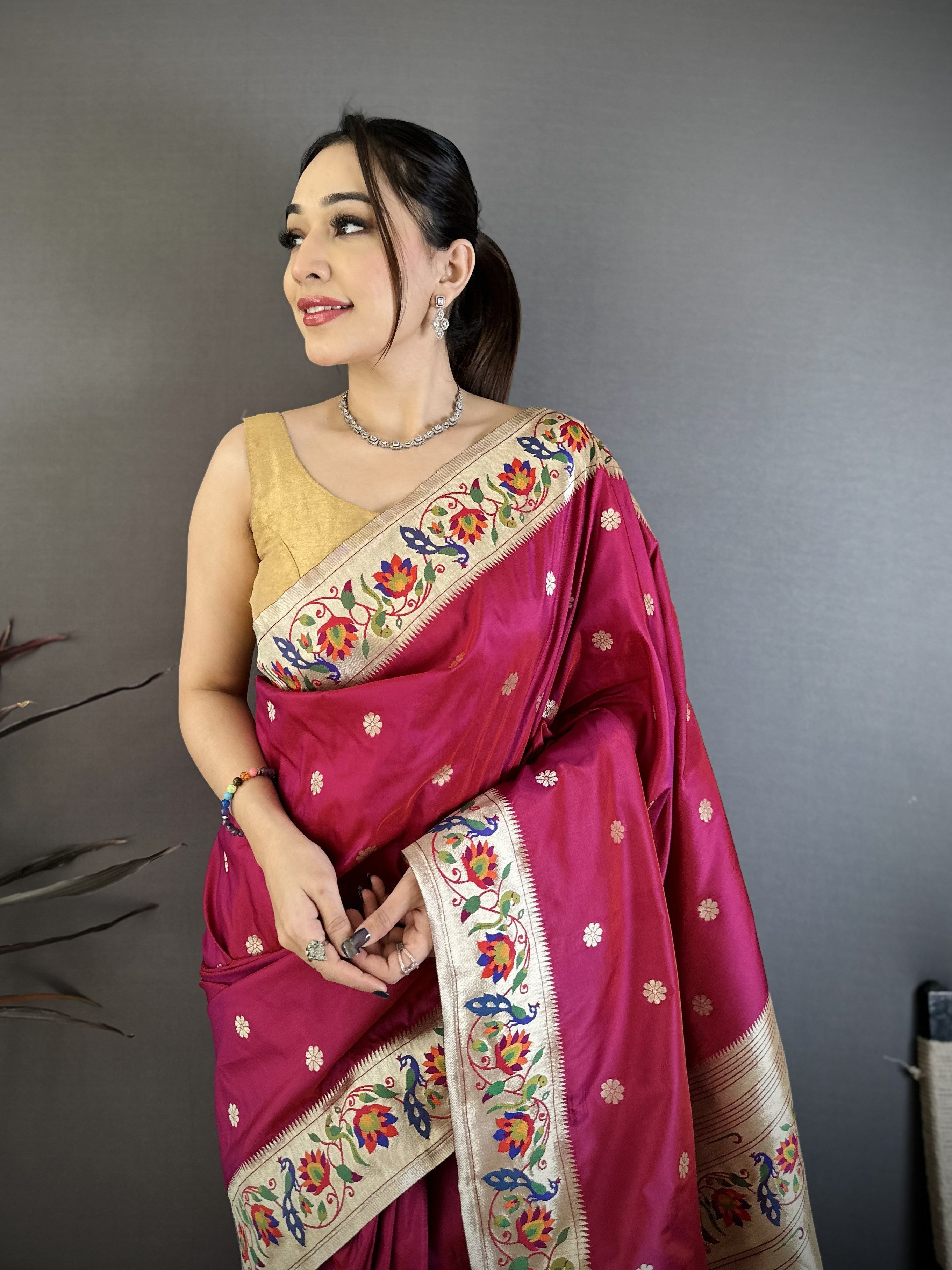 Light Burgundy Silk Weaving Paithani Silk Saree
