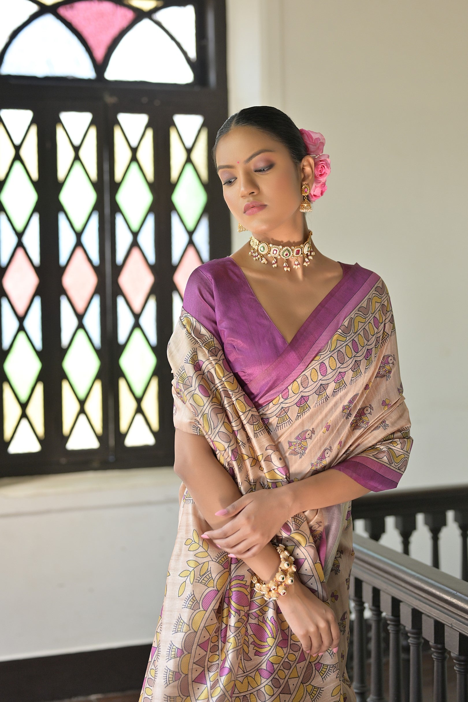 Madhubani Printed Tussar Silk Saree