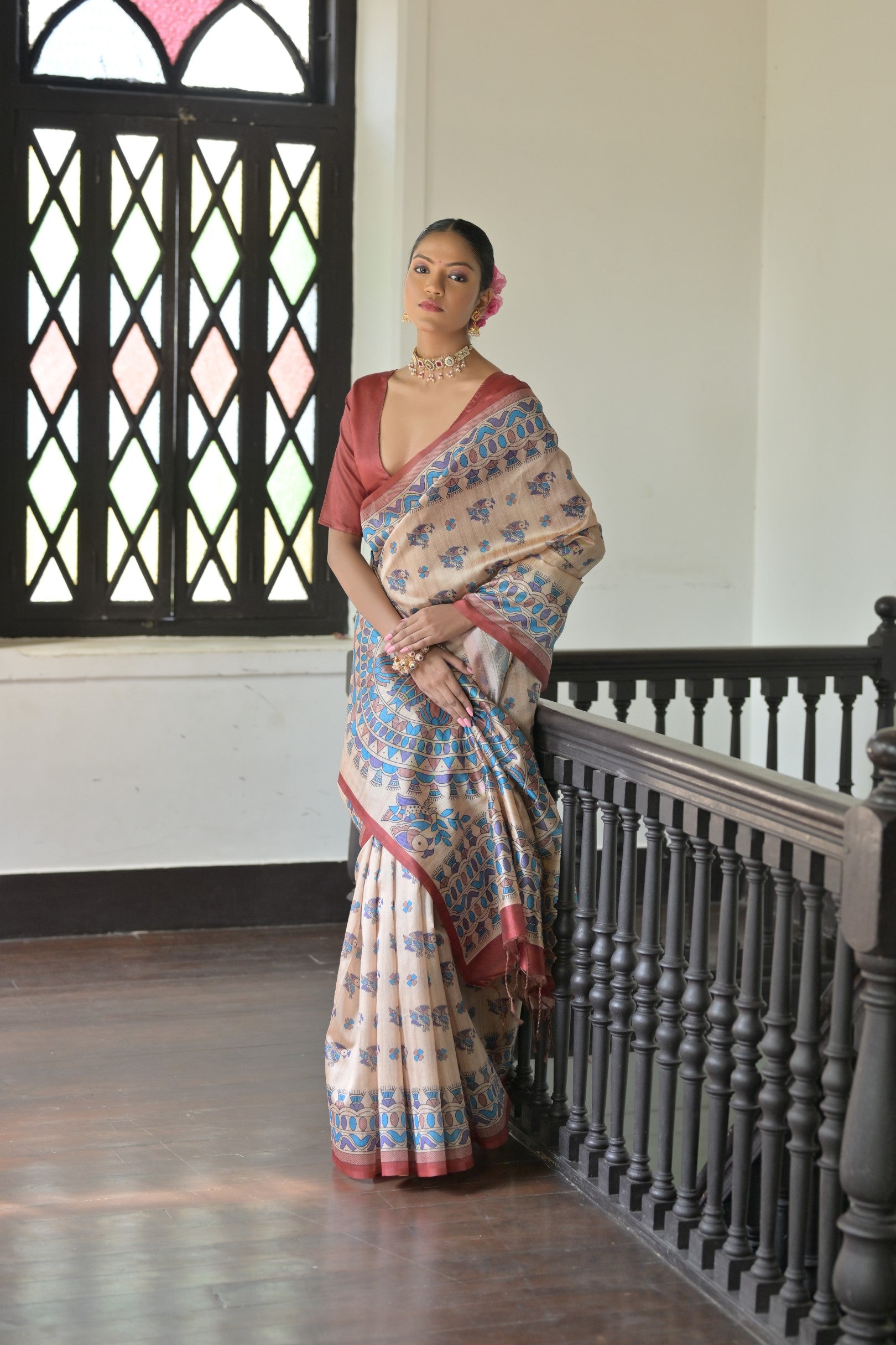 Madhubani Printed Tussar Silk Saree