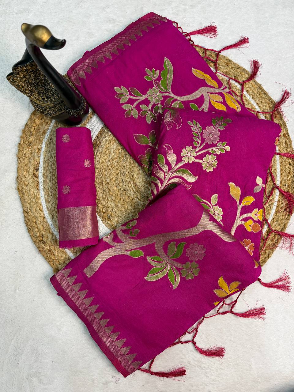 Magenta Pink Crepe Khadi Silk Weaving Saree