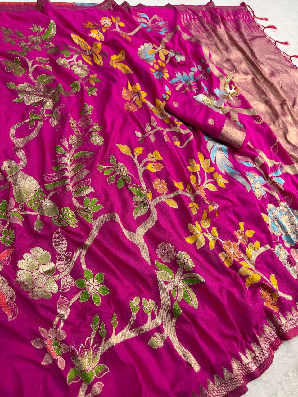 Magenta Pink Crepe Khadi Silk Weaving Saree